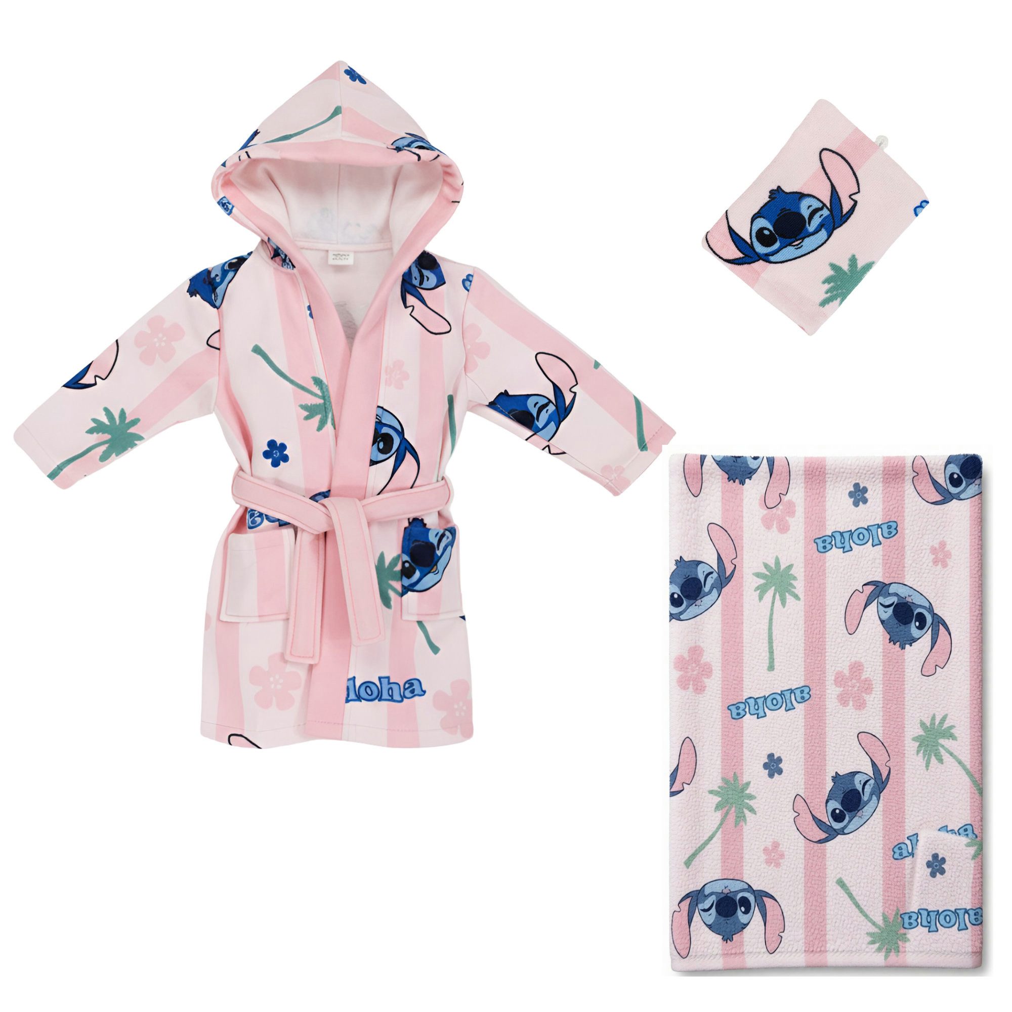 Disney Kinderbademantel Disney Stitch 3 tlg Kinder Set Bademantel Handtuch Handschuh, Polyester, Kapuze, Gürtel, Gr. 98 bis 128