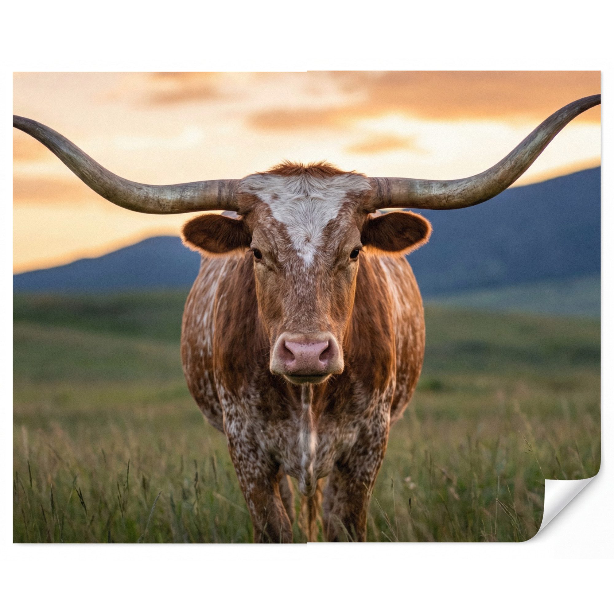 OnlyWow Fototapete Longhorn - Landschaft - Sonnenuntergang, Matt, bedruckt, Wandtapete, Wohnzimmer, Vinyl Tapete 260x220cm