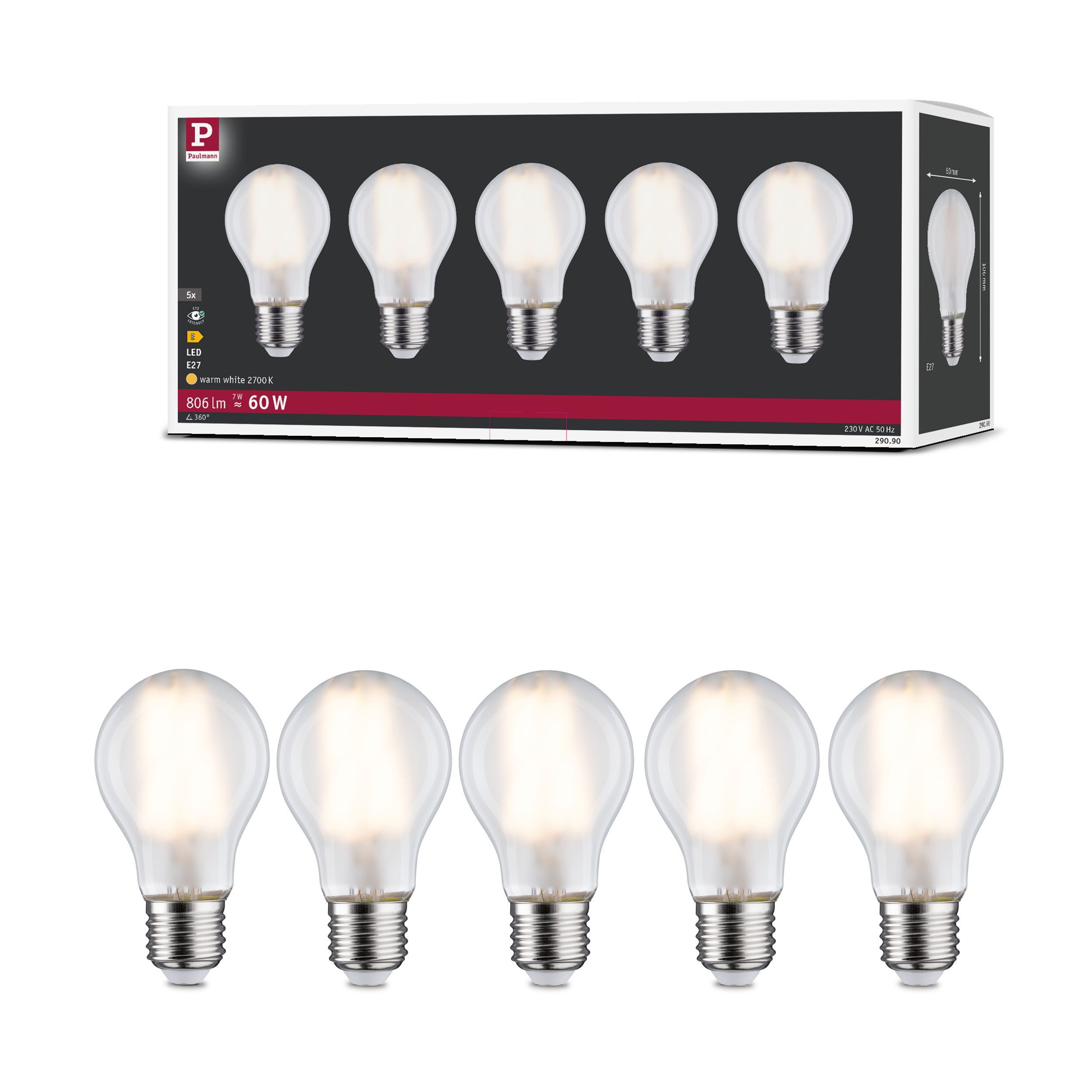 Paulmann LED-Leuchtmittel 5er Pack AGL 806lm 2700K matt 230V, E27, 5 St., Warmweiß