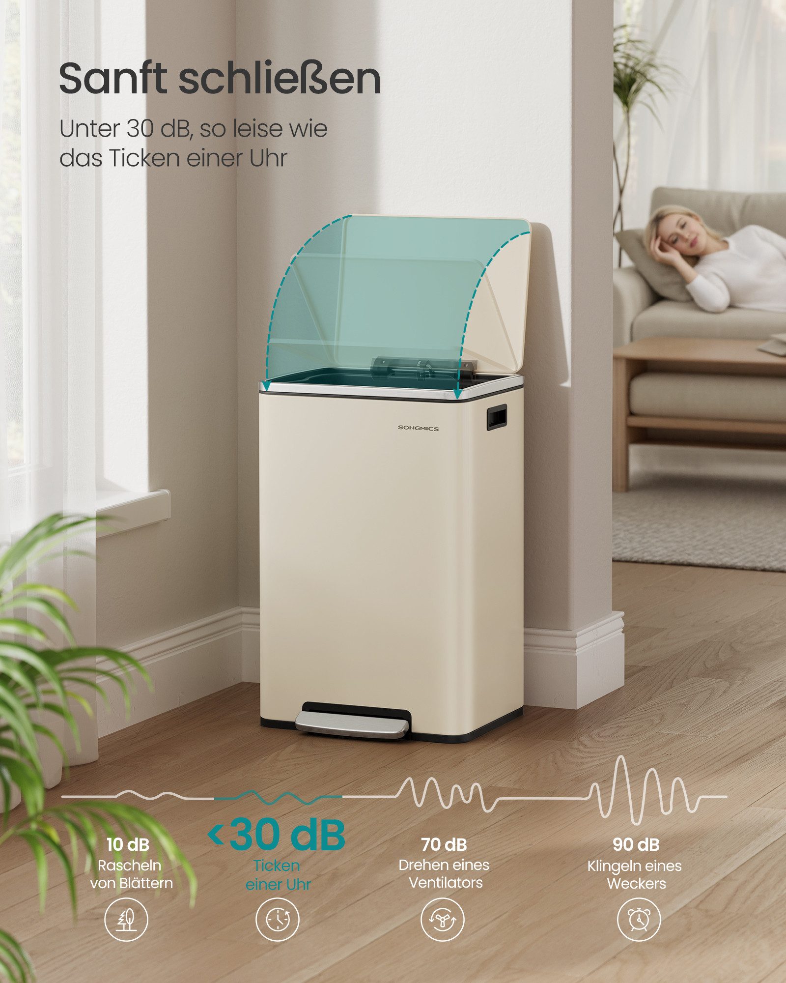 SONGMICS Mülleimer Abfalleimer, Mülleimer 50 L, 15 Müllsäcke, Stahl, herausnehmbarer Inneneimer