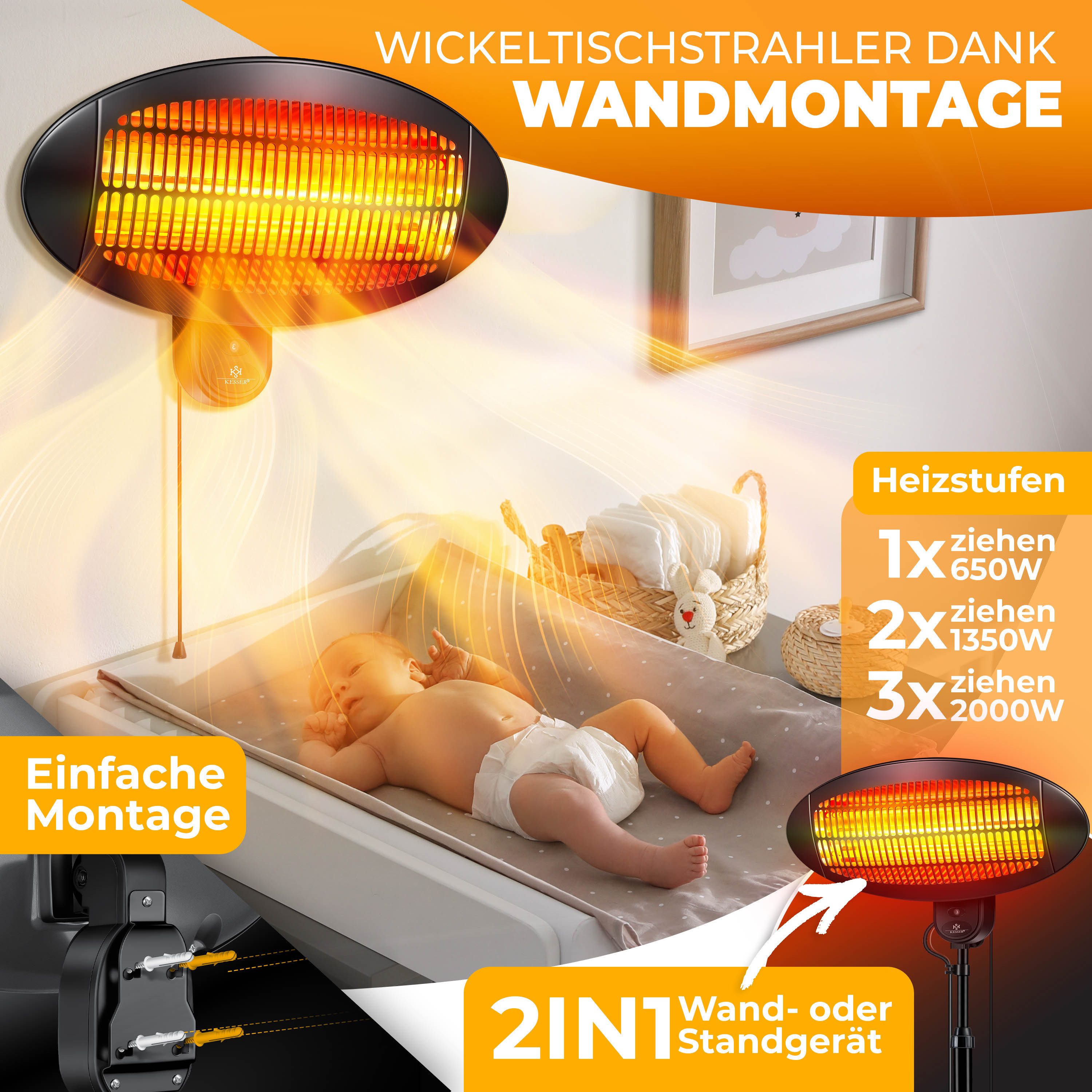 KESSER Heizstrahler Infrarot Heizung Wand + Standgerät höhenverstellbar In- & Outdoor, 2000 W, Wärmestrahler mit Kippschutz, IPX4-Spritzwasserschutz & 3 Heizstu – Bild 5 von 5
