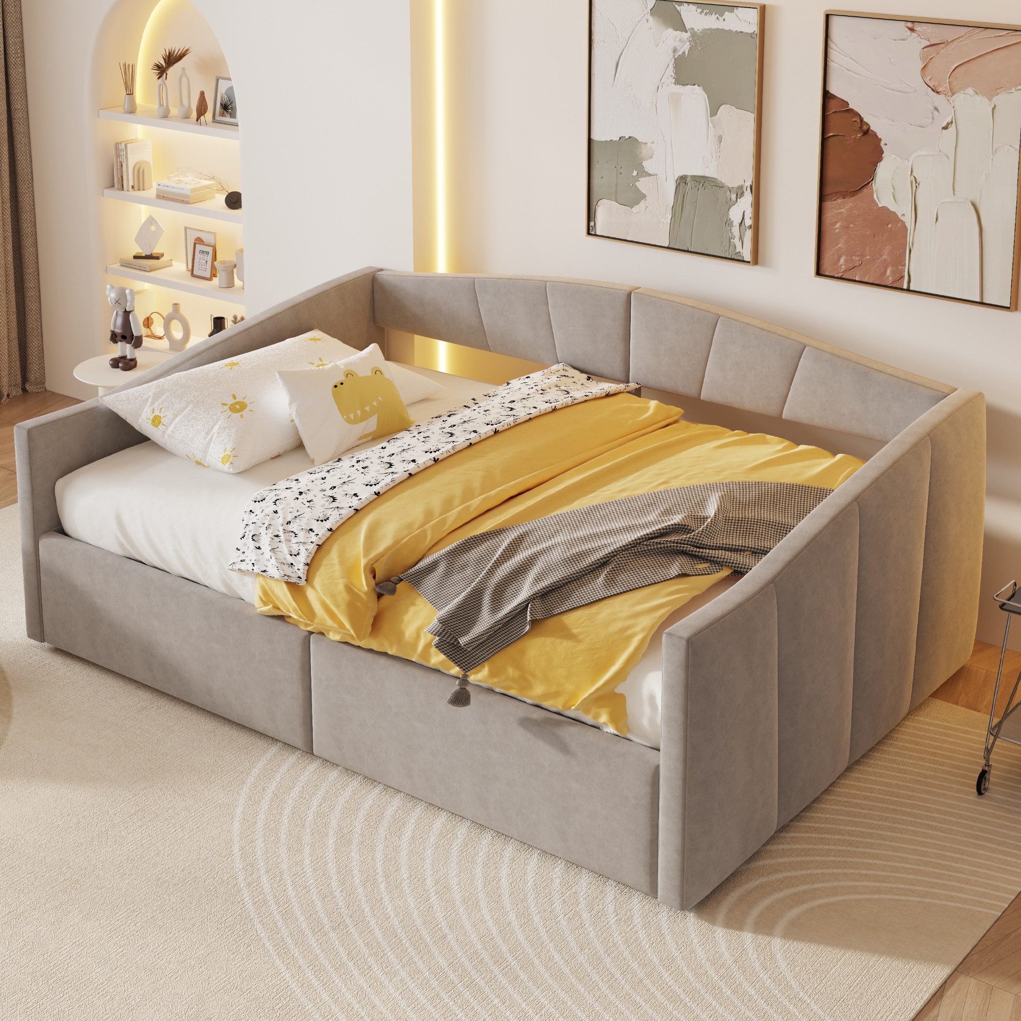 MODFU Schlafsofa mit Samtstoff & hydraulischem Stauraum, inkl. Lattenrost & Armlehnen, 140x200 cm Polsterbett Stauraumbett, ohne Matratze