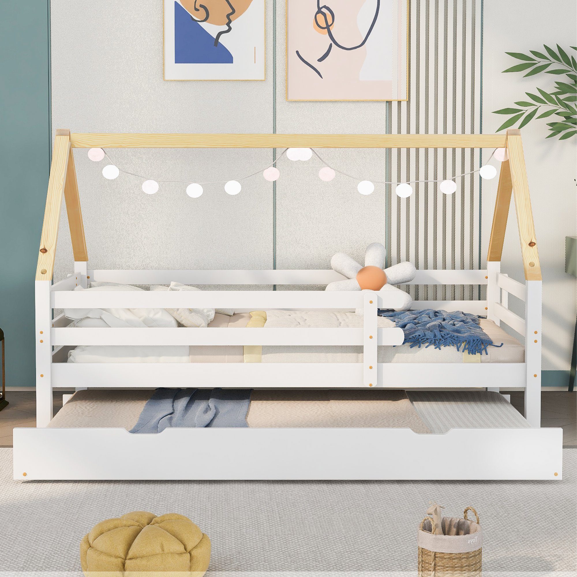 Kinderbett, Kinderbett Hausbett mit Unterbett und Lattenrost Schiebebett mit Rollen unten, aus massivem Kiefernholz, 90x200 cm