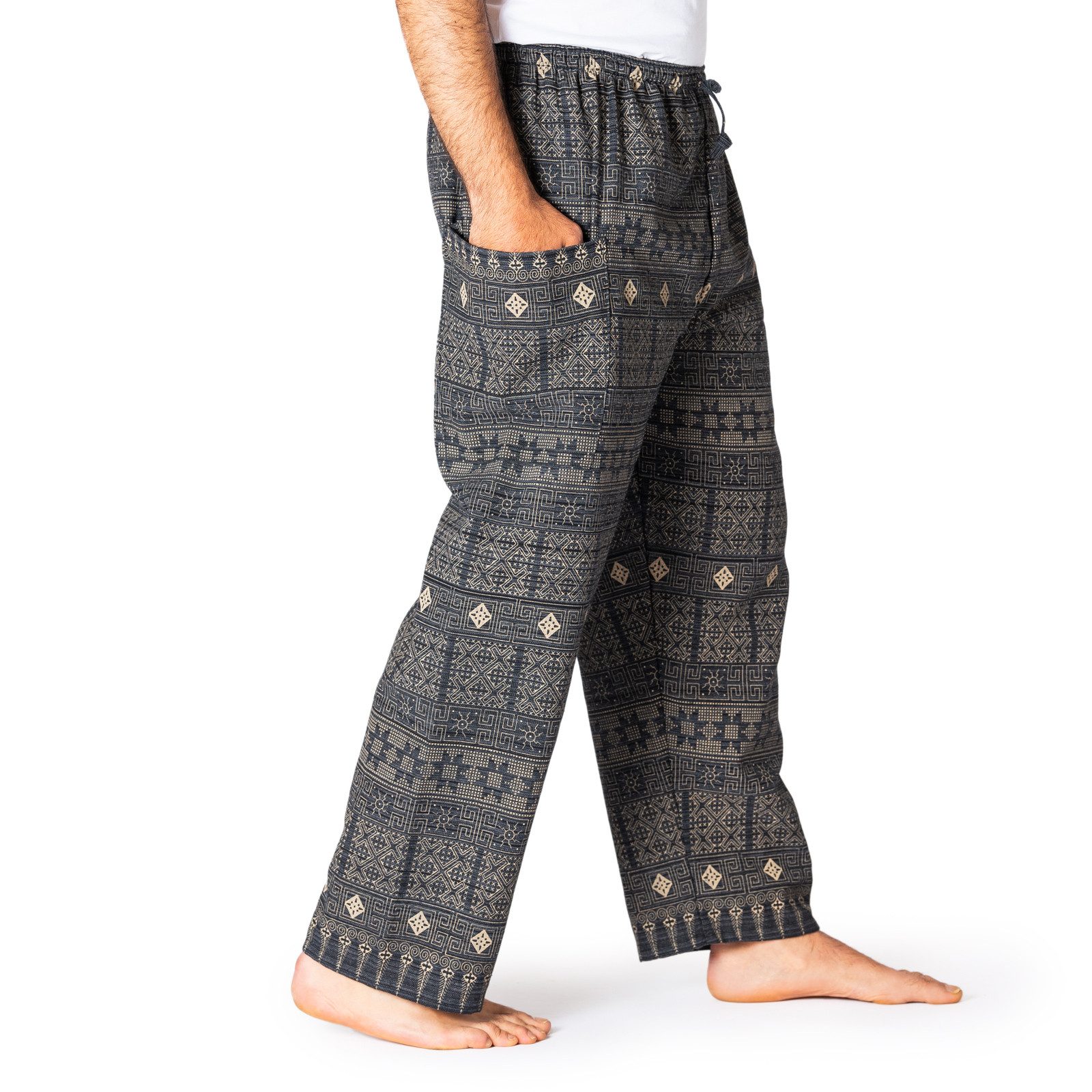 PANASIAM Loungehose Freizeithose im geometrischen Ethno-Design 100% Baumwolle Haremshose für Damen Herren bequeme Loosefit Lounge-Hose Relaxhose Urlaubshose