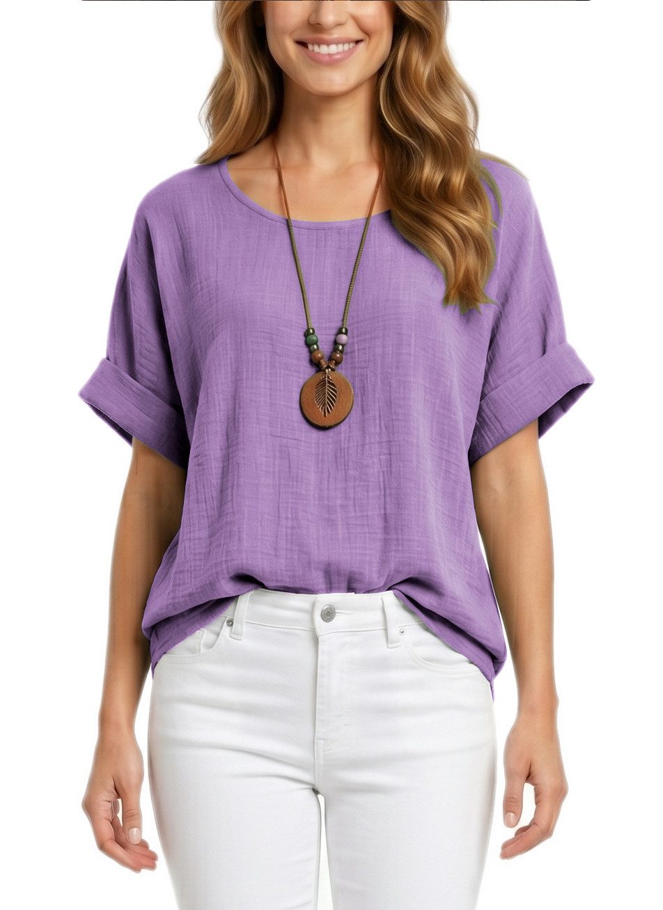 dy_mode Kurzarmbluse Damen Kurzarm Bluse Leichte Sommer Tunika Baumwollbluse Oberteil in Unifarbe, mit passende Kette
