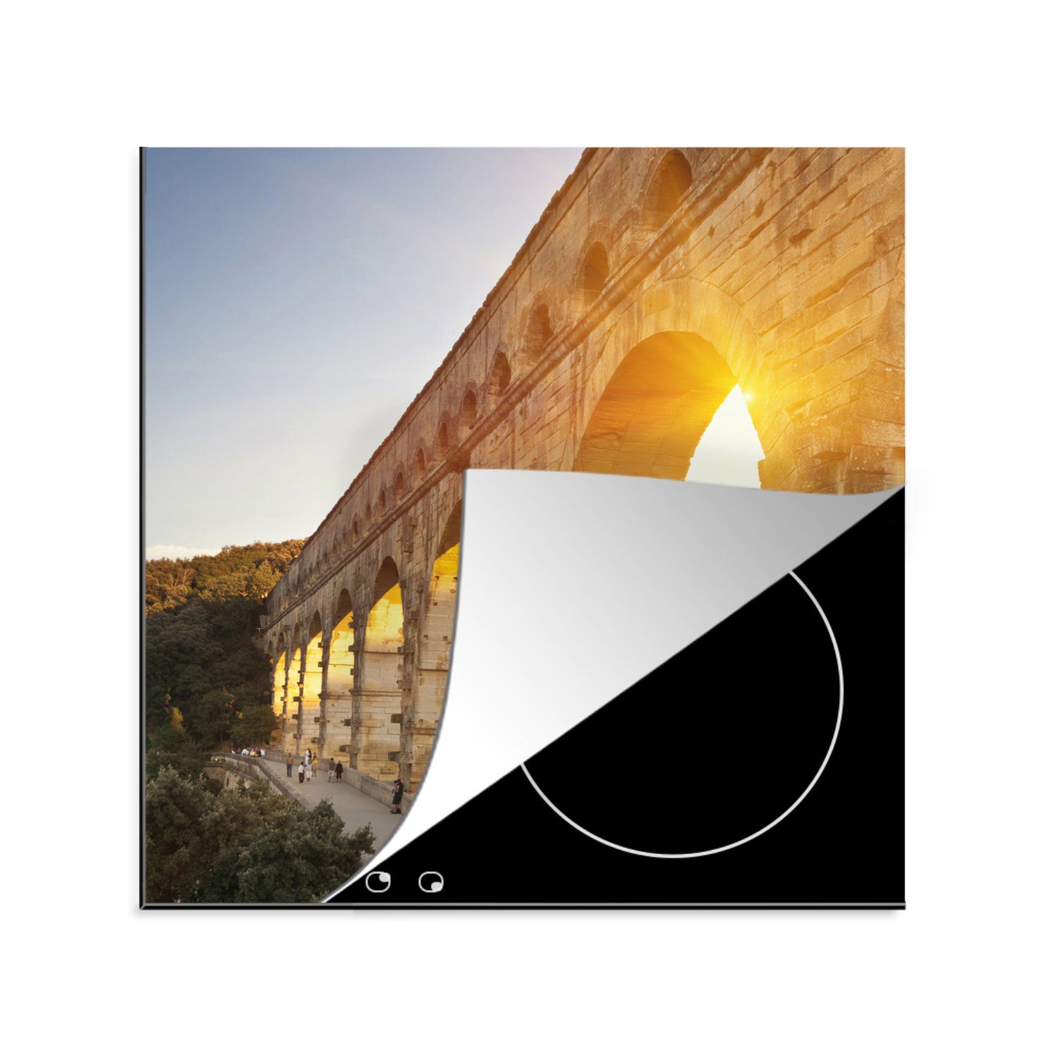 MuchoWow Herdblende-/Abdeckplatte Die Sonne scheint durch den Pont du Gard in Frankreich, Vinyl, (1 tlg), 78x78 cm, Ceranfeldabdeckung, Arbeitsplatte für küche