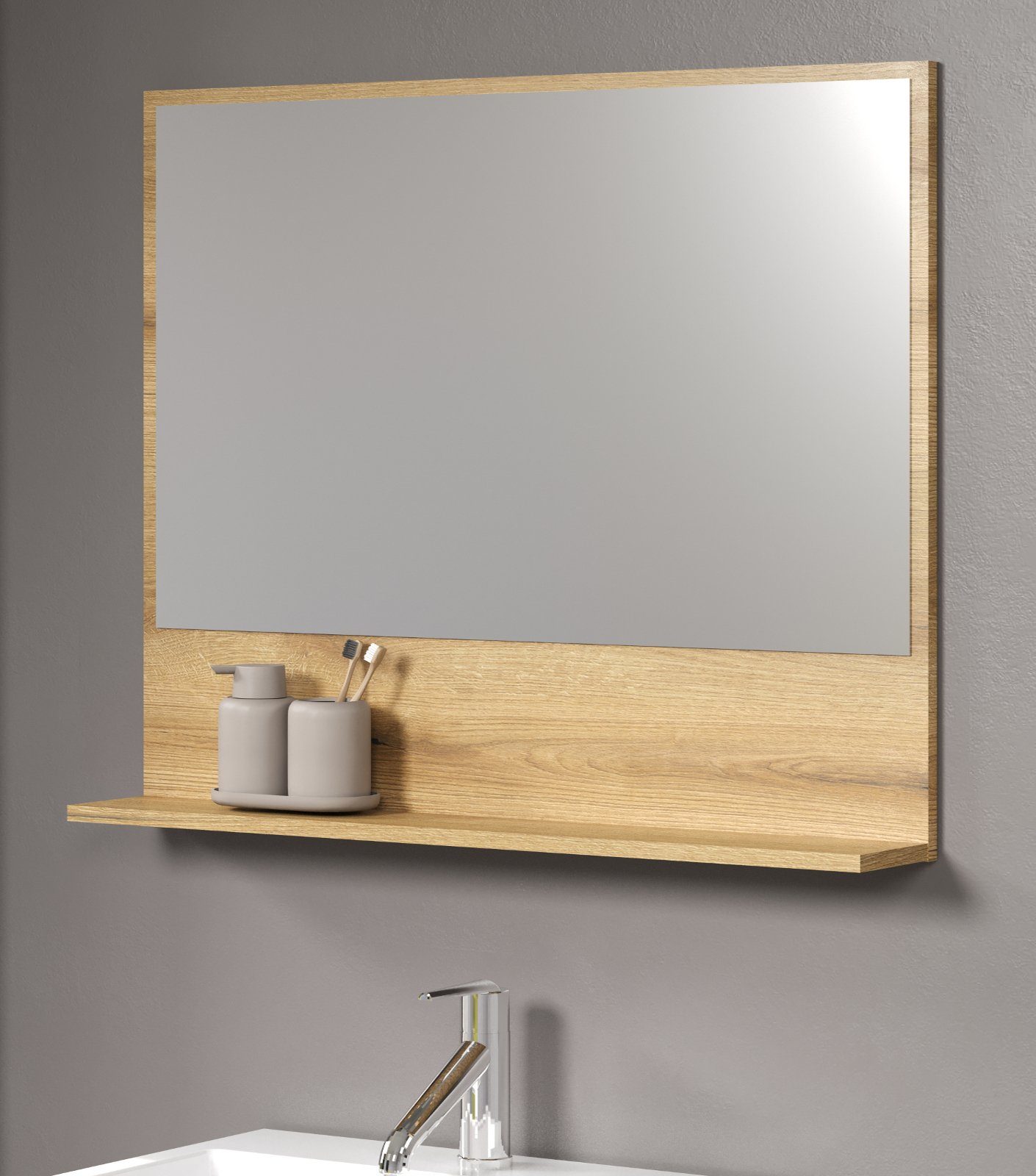 Bad Badezimmer Spiegel Regal Ablagen Wandspiegel 79 x 73 cm Eiche
