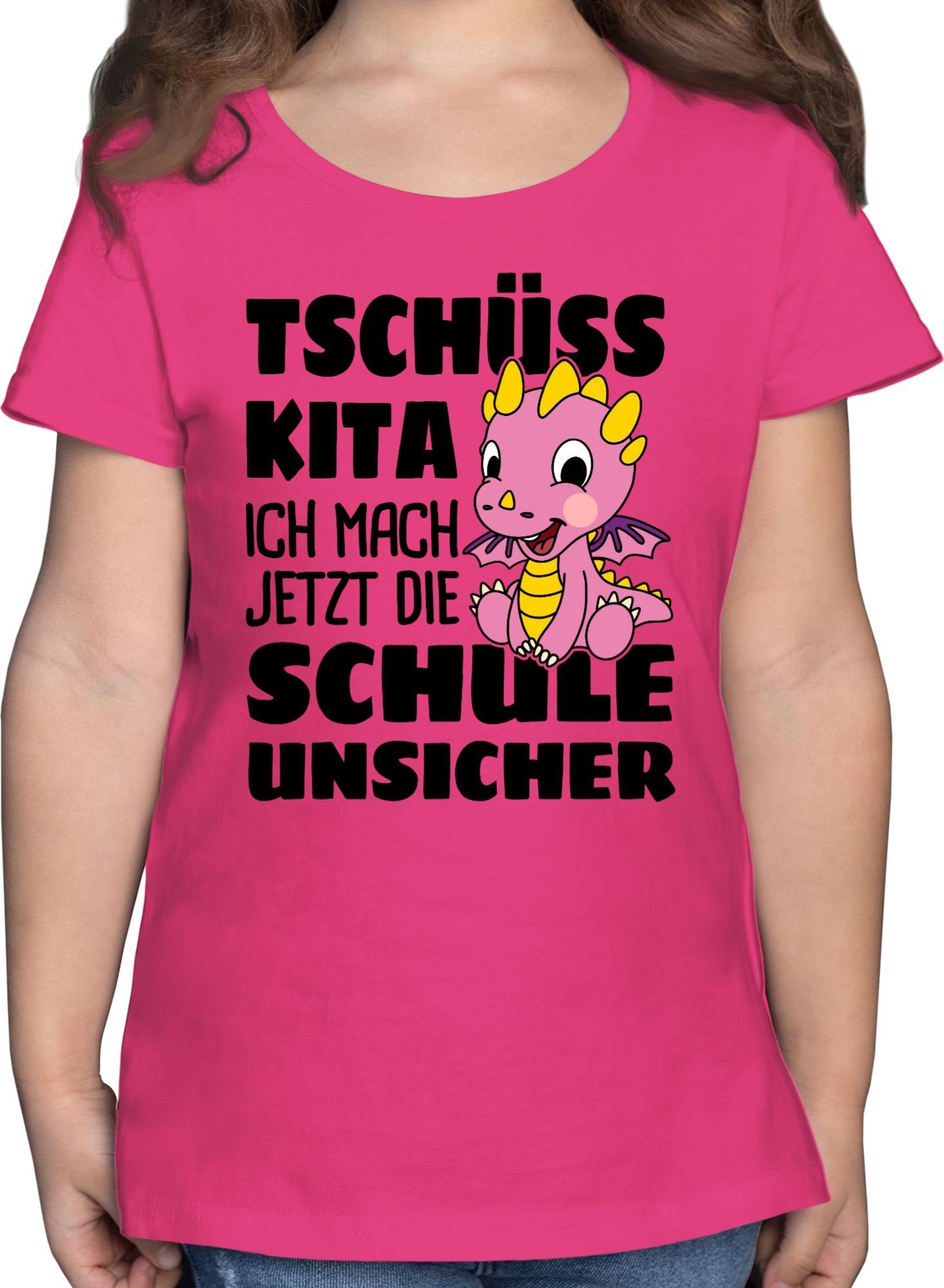 mach Kita Mädchen Einschulung die T-Shirt Mit 1 rosa ich Schule Drachen Tschüss Fuchsia Shirtracer unsicher! jetzt