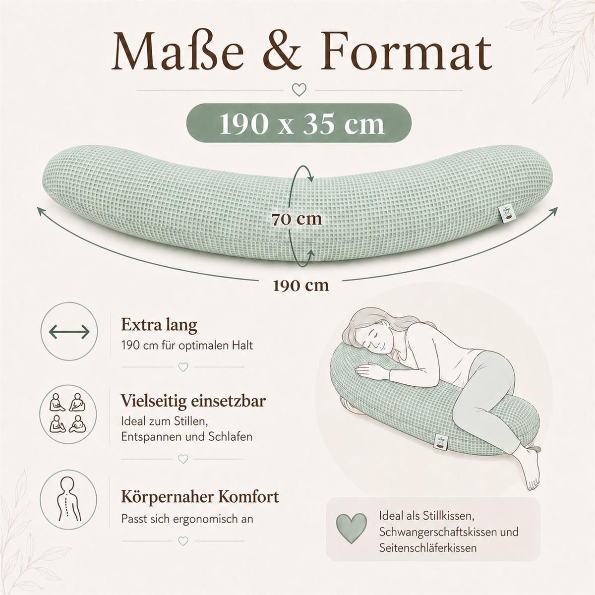 SEI Design Stillkissen Seitenschläferkissen XXL EPS-Mikroperlen Waffelstoff 190cm Mint, Schwangerschaftskissen mit Bezug, Schwangerschaftskissen mit Bezug, Baby – Bild 5 von 5
