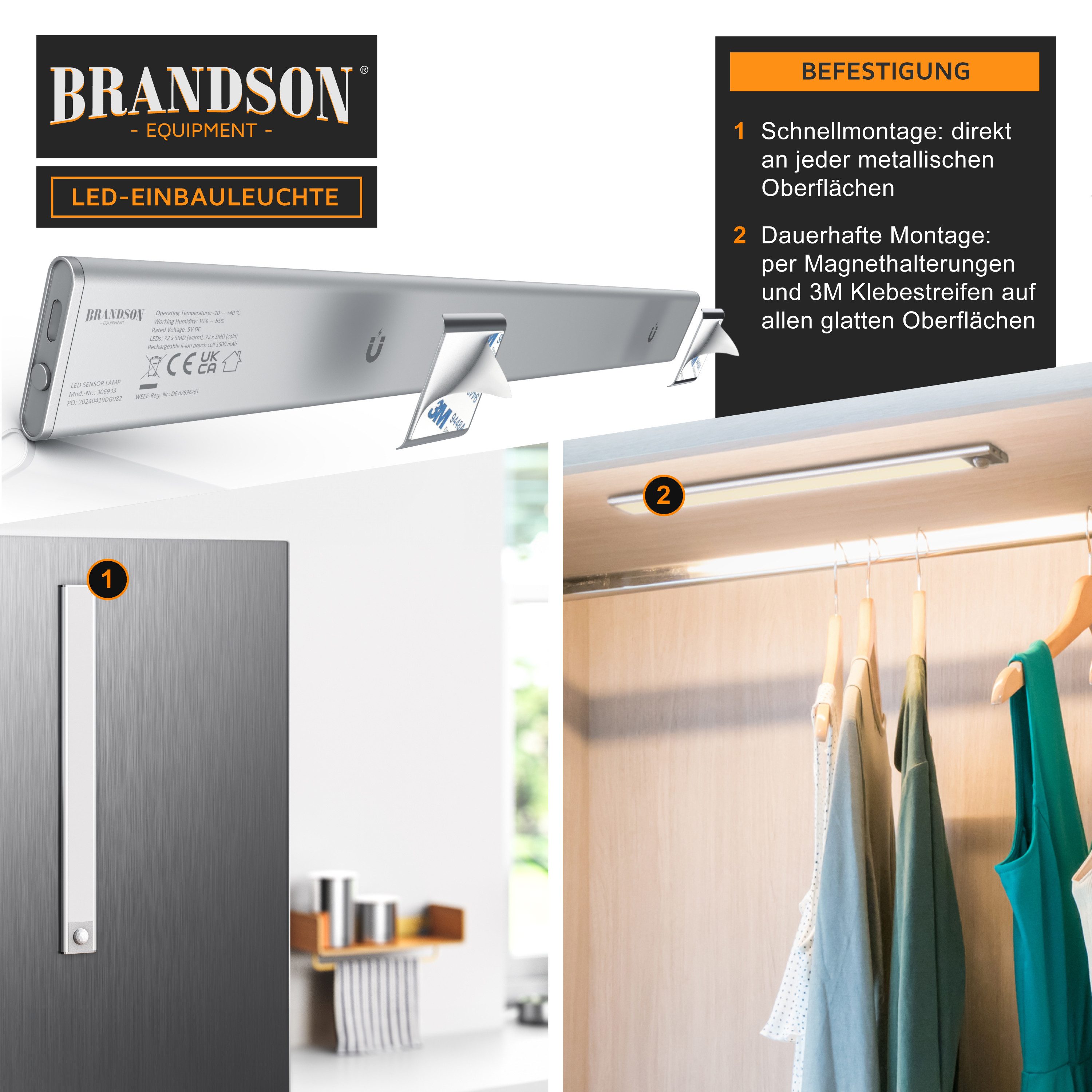 Brandson Unterschrankleuchte Nachtlicht mit Bewegungsmelder, 3 Lichtfarben, Akku, SMD LED, warmweiß, neutralweiß, kaltweiß, Dimmbar, für Schränke, Unterbauleuchte, Wandhalterung