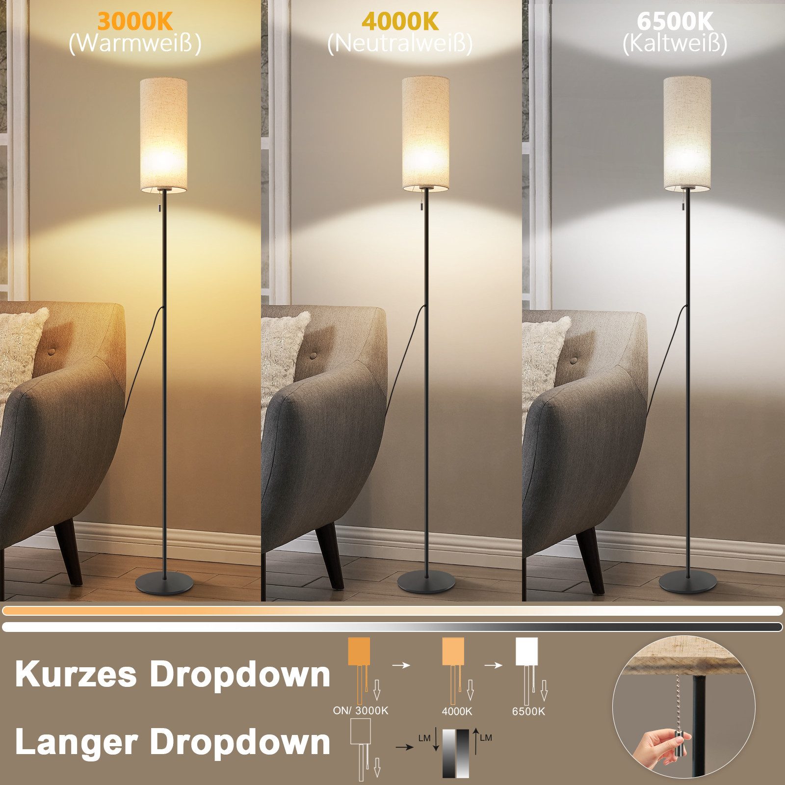 Nettlife LED Stehlampe Dimmbar Vintage Beige Lampenschirm 151CM Stehleuchte, mit Seilzugschalter, LED fest integriert, Farbwechsler, für Wohnzimmer Schlafzimmer Büro Arbeitszimmer