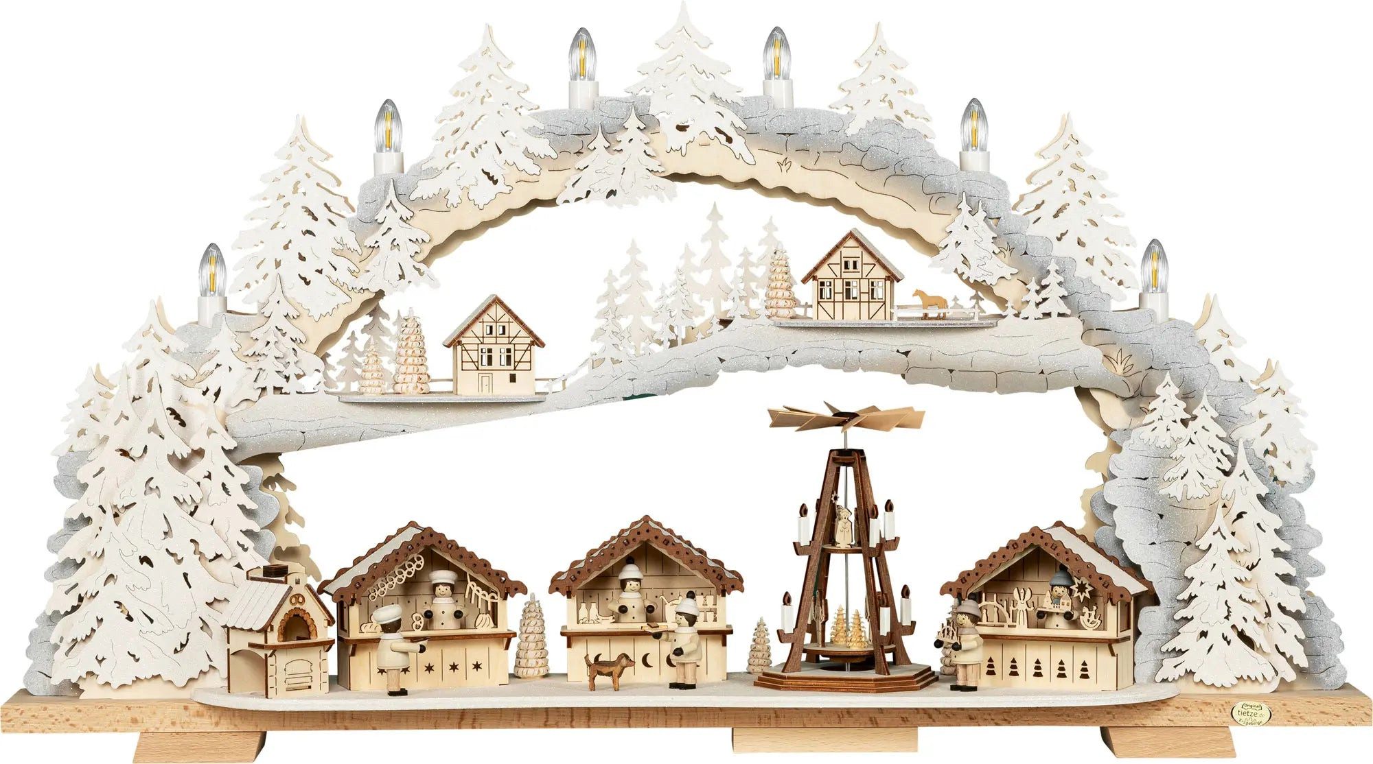Tietze Erzgebirgsdesign LED Schwibbogen variabel, Weihnachtsmarkt beschneit mit Motor, 70x39x12,5 cm (BxHxT)