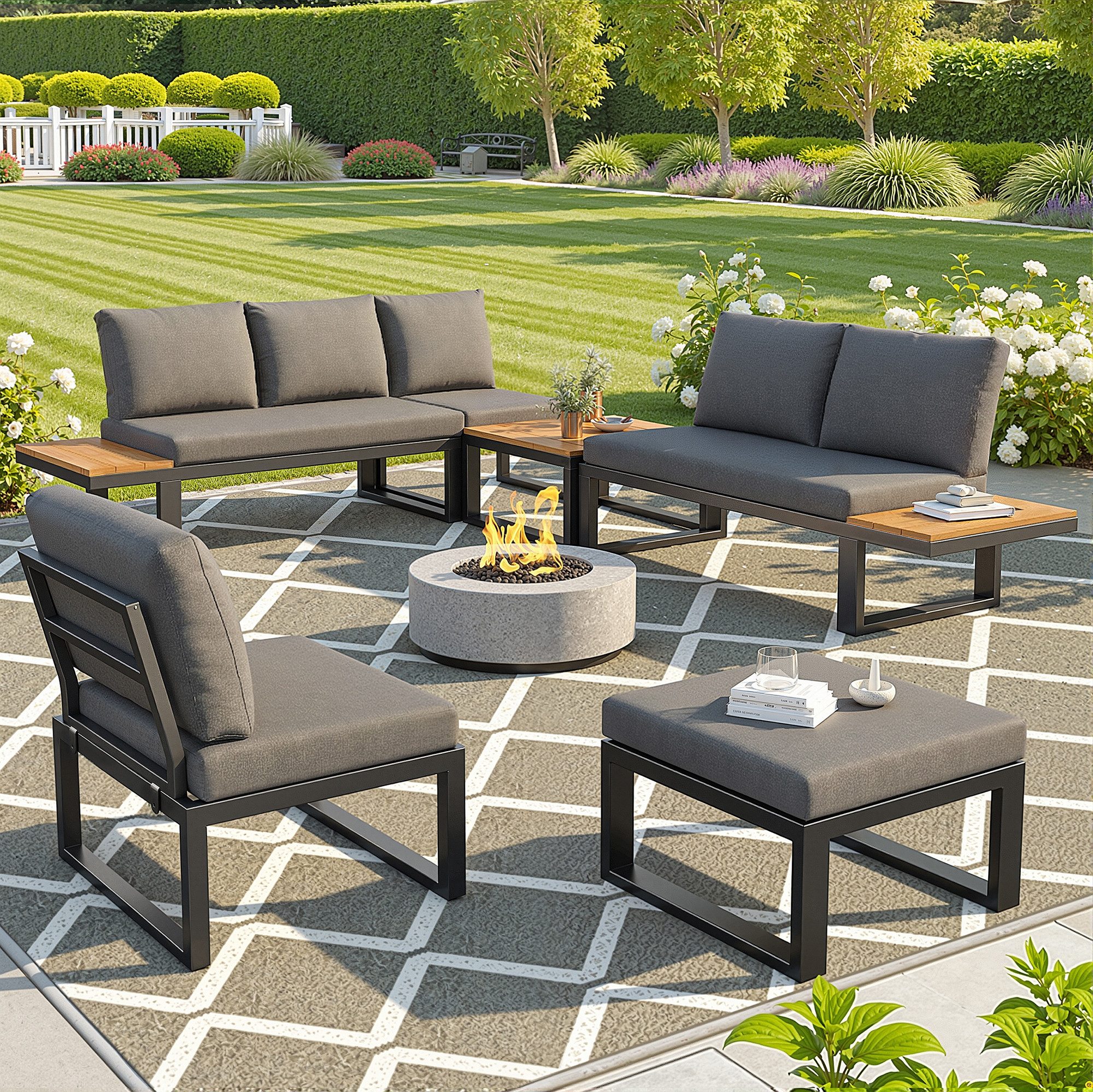 i@home Gartenlounge-Set, (modulares Ecksofa, 6-tlg., mit verstellbarer Rückenlehne, Couchtisch + Hocker + Sitzkissen), Stahlgestell wetterfest, Outdoor-Lounge für Garten Terrasse