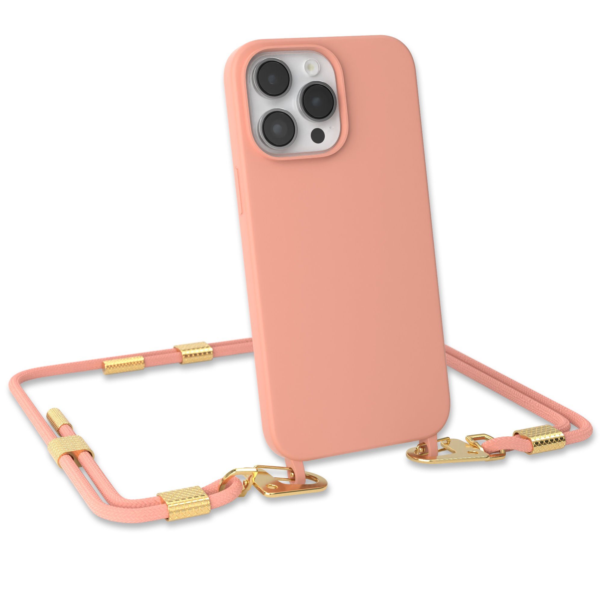 EAZY CASE Handykette Carabiner Chain für Apple iPhone 14 Pro Max 6,7 Zoll, 2 in 1 Handytasche farbige Silikon Hülle mit Umhängeband Altrosa Coral