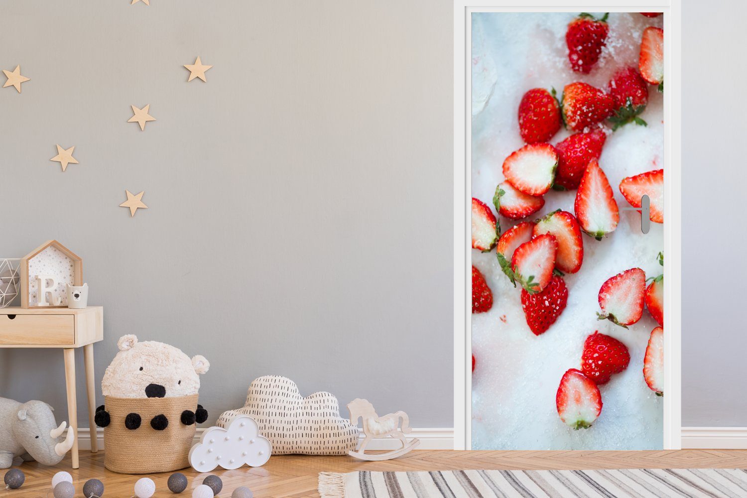 Obst Türtapete Tür, 75x205 - (1 bedruckt, St), - MuchoWow Matt, Fototapete cm Marmor, Erdbeere für Türaufkleber,