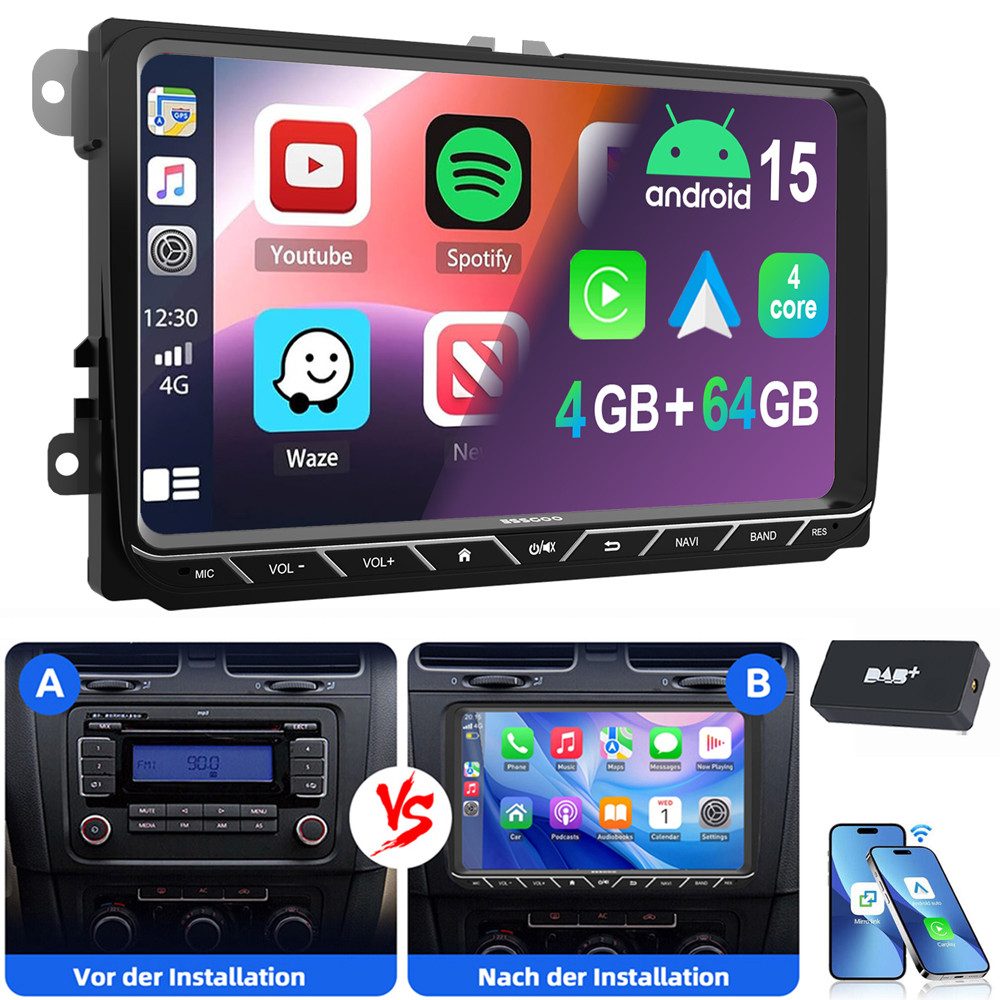 ESSGOO 9" Android 15 Für VW Golf 5 6 Polo Passat Touran Sharan EOS Tiguan Autoradio (RDS, Digitalradio (DAB), FM, AM, Carplay Android Auto Navi WIFI BT EQ)