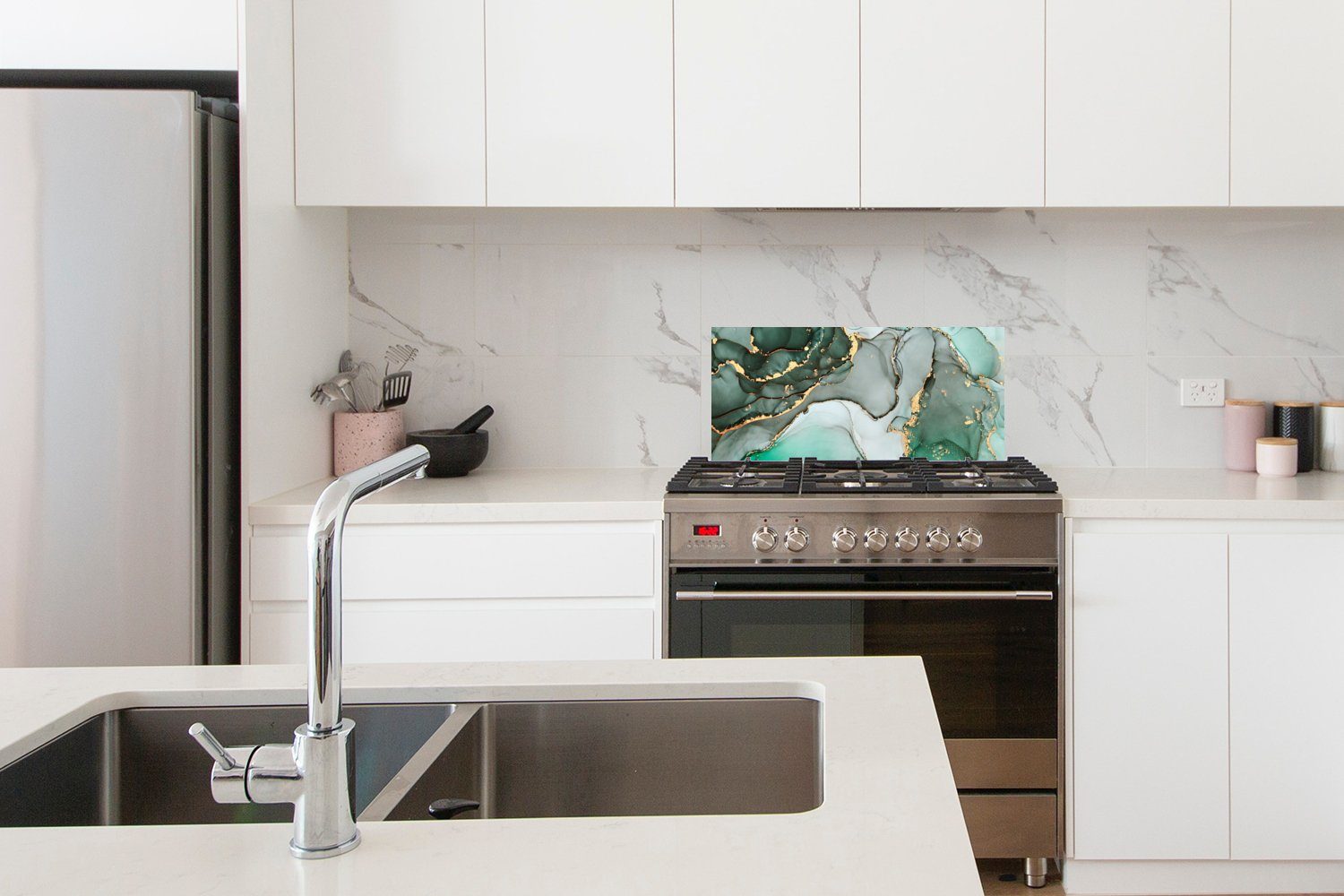 60x30 Marmor - gegen Schmutzflecken MuchoWow Küchenrückwand cm, Grau, Marmoroptik Luxus und - Küchen - Wandschutz, Gold Fett für (1-tlg), - - Grün