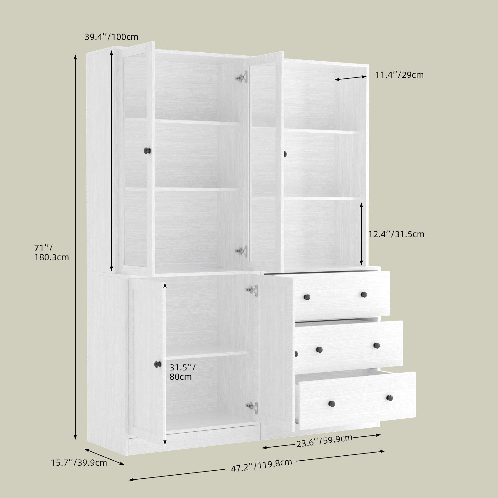 VOWNER Bücherregal 5-stöckiges Bücherregal mit Glastüren, 180 cm Vitrinenschrank, 2-tlg., multifunktionaler Küchenschrank Hochschrank & Buffetschrank