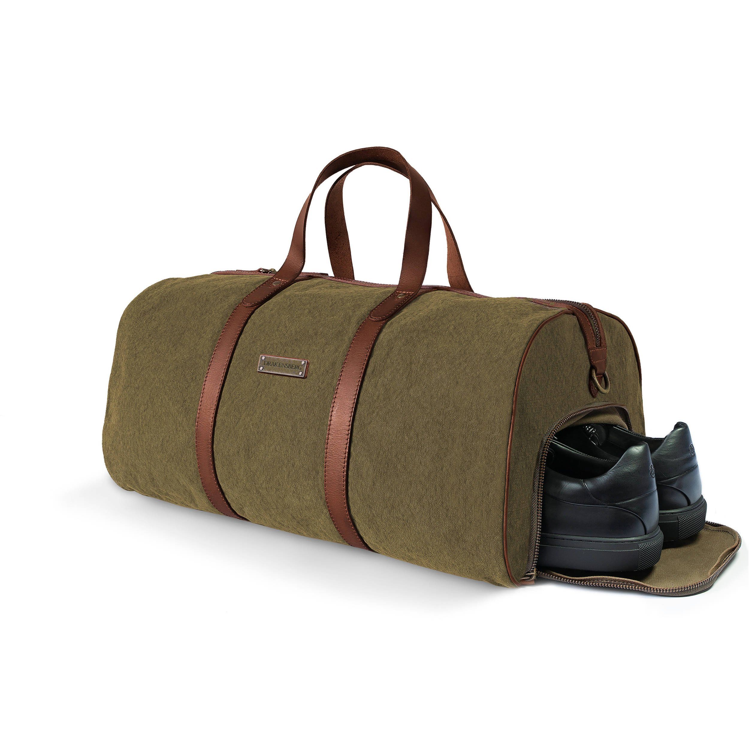 DRAKENSBERG Reisetasche Weekender »Toby« Oliv-Grün, Sporttasche mit Schuhfach für Damen und Herren, Canvas und Büffelleder