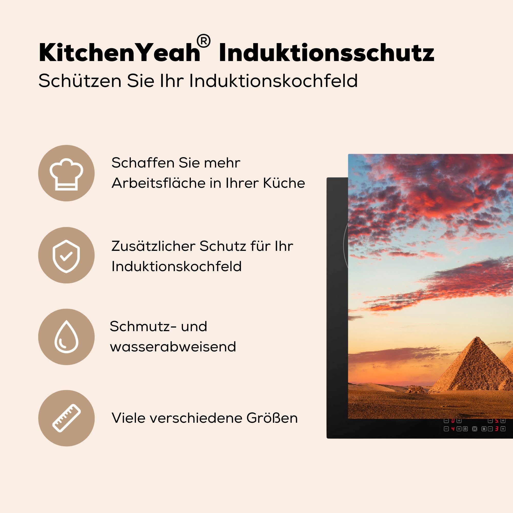 küche Arbeitsplatte den Vinyl, tlg), Sonnenuntergang cm, bei für Pyramiden Gizeh, von (1 MuchoWow Ceranfeldabdeckung, Ein Herdblende-/Abdeckplatte 83x51