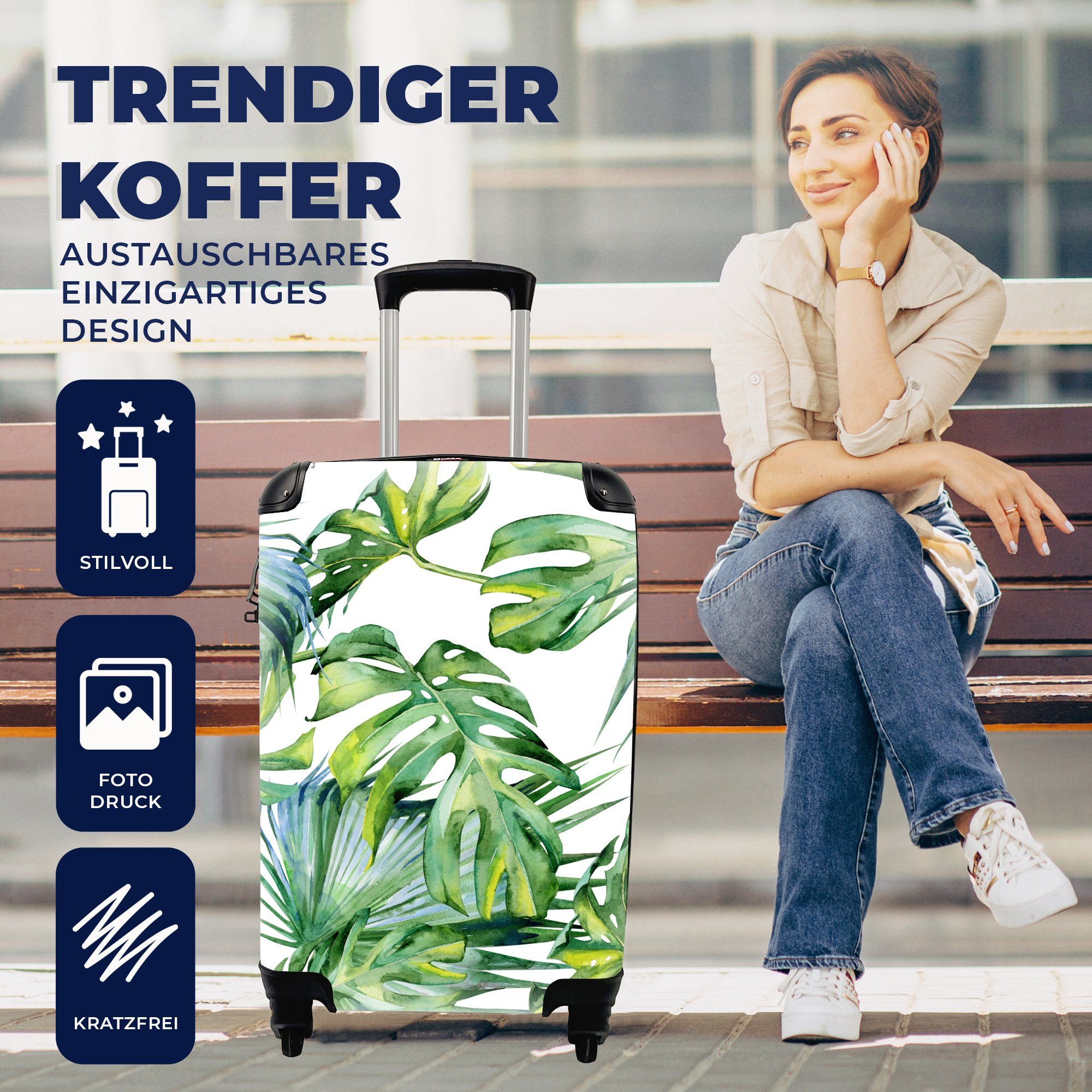MuchoWow Handgepäckkoffer Trolley Extra Leicht Monstera - Muster - Aquarell, 4 Rollen, Handgepäck Kinder Trolley Rollkoffer Kleine Reisekoffer mit 4 Rollen - Cabin Size < 55x40x23 & 55x40x20 cm - Kinderkoffer - Kabinenkoffer - Boardgepäck
