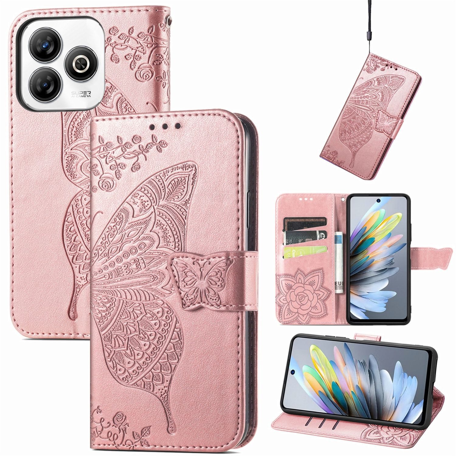 Wigento Smartphone-Hülle Für ZTE Blade A75 4G Kunstleder Schmetterling Wallet Hülle Tasche Rosa, Kunst-Leder Schutzhülle Smart Case Cover magnetischer Verschluss