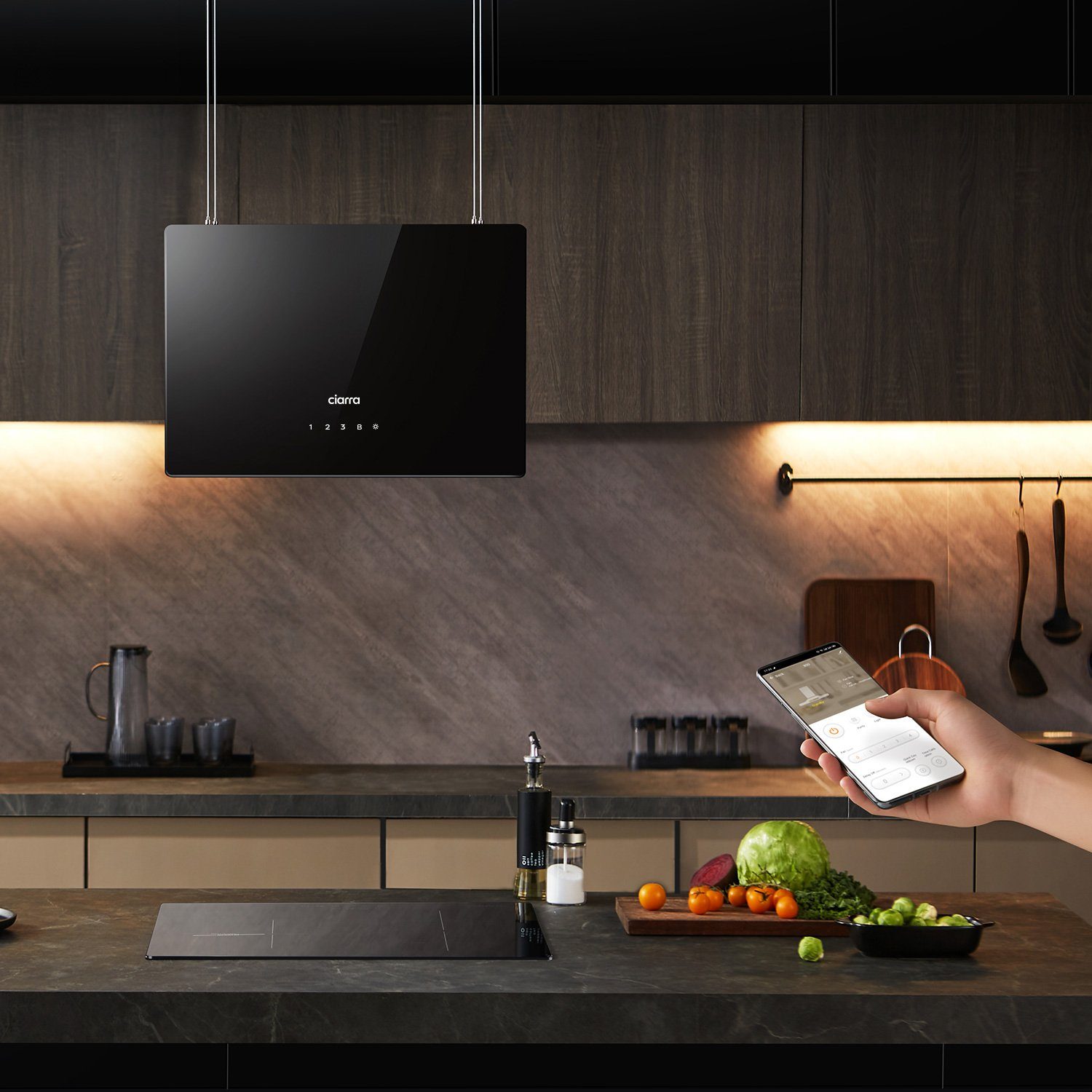 CIARRA Inselhaube Dunstabzugshaube freihängend 50cm A+++ 700 m³/h Umluft CBCB4850 mit Fettiltern 2 Aktivkohlefiltern WIFI-APP Touch Control Inkl. BOOST – Bild 3 von 5