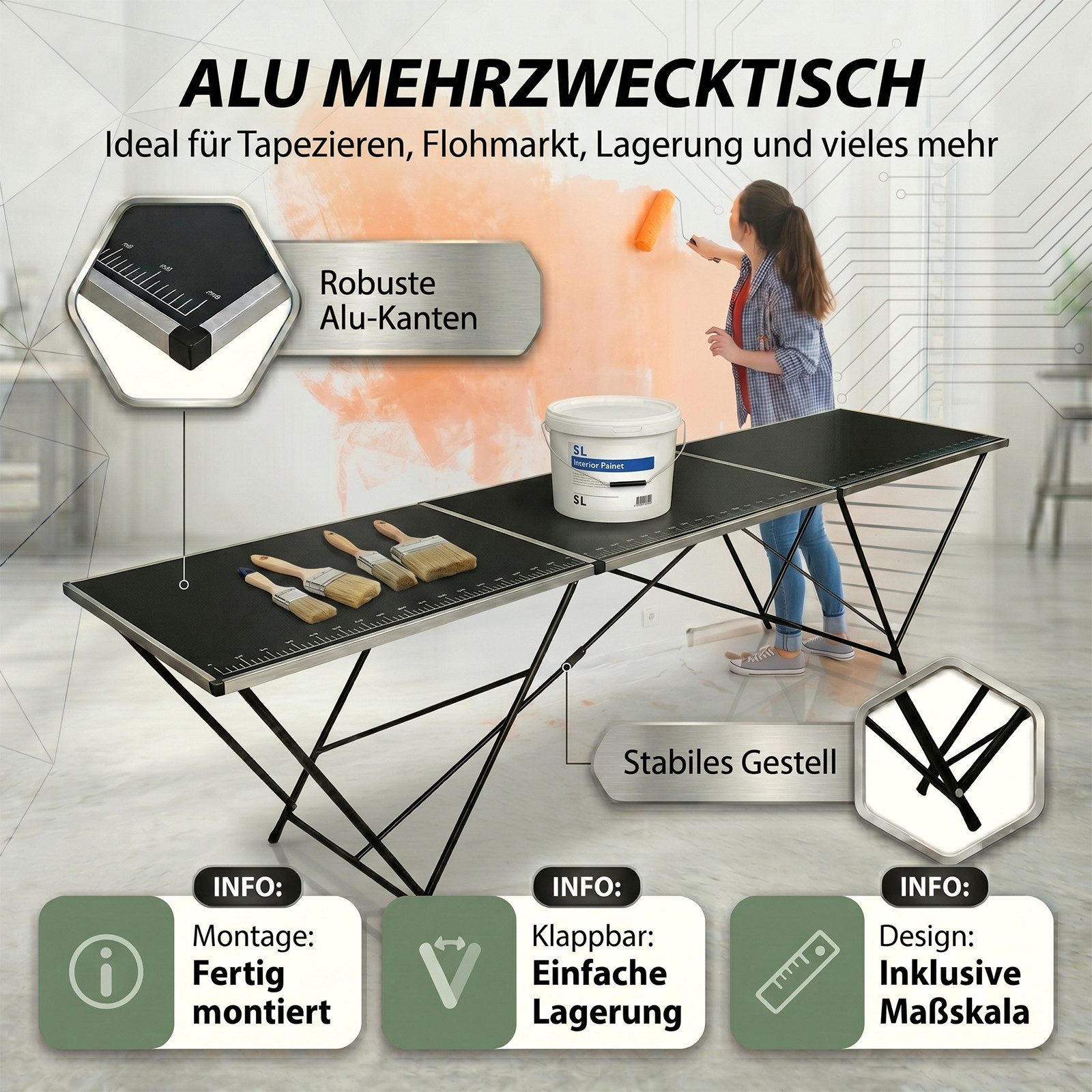 TRUTZHOLM Tapeziertisch Alu Arbeitstisch Klapptisch Multifunktionstisch Mehrzwecktisch (Stück, fertig montiert), Aluminium-Rahmen