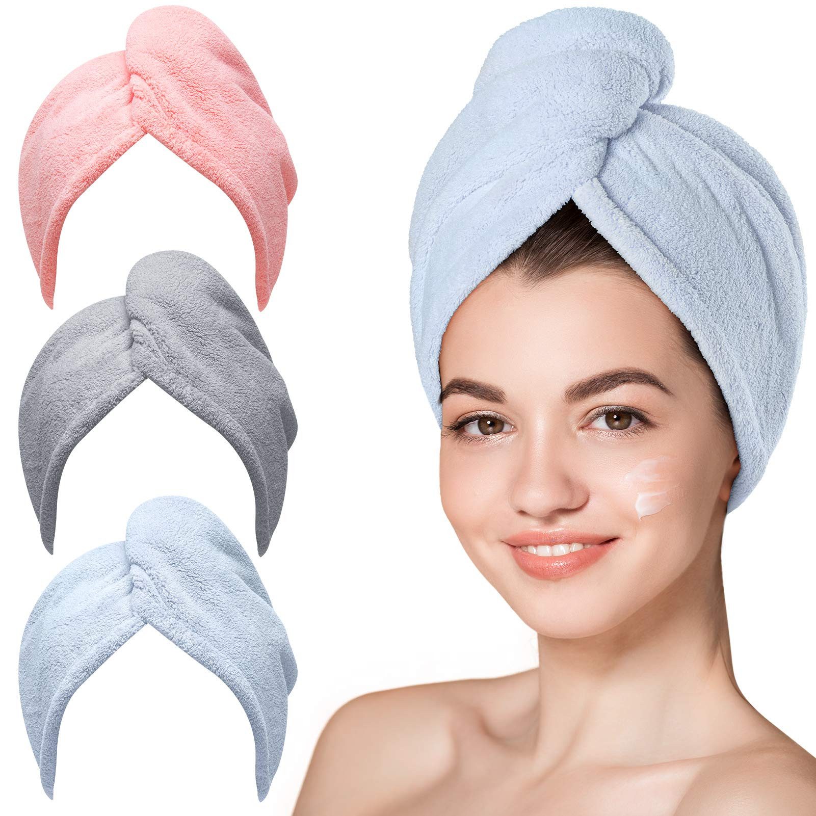 FOUORTUNATE-BEE Turban-Handtuch Schnelltrocknendes Haarhandtuch für Damen mit Knopf, 3er Set, Weiches Mikrofaser-Haartuch für langes & lockiges Haar