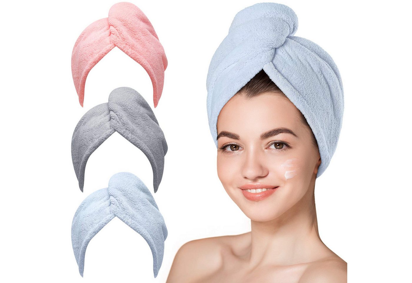 FOUORTUNATE-BEE Turban-Handtuch Schnelltrocknendes Haarhandtuch für Damen mit Knopf, 3er Set, Weiches Mikrofaser-Haartuch für langes & lockiges Haar