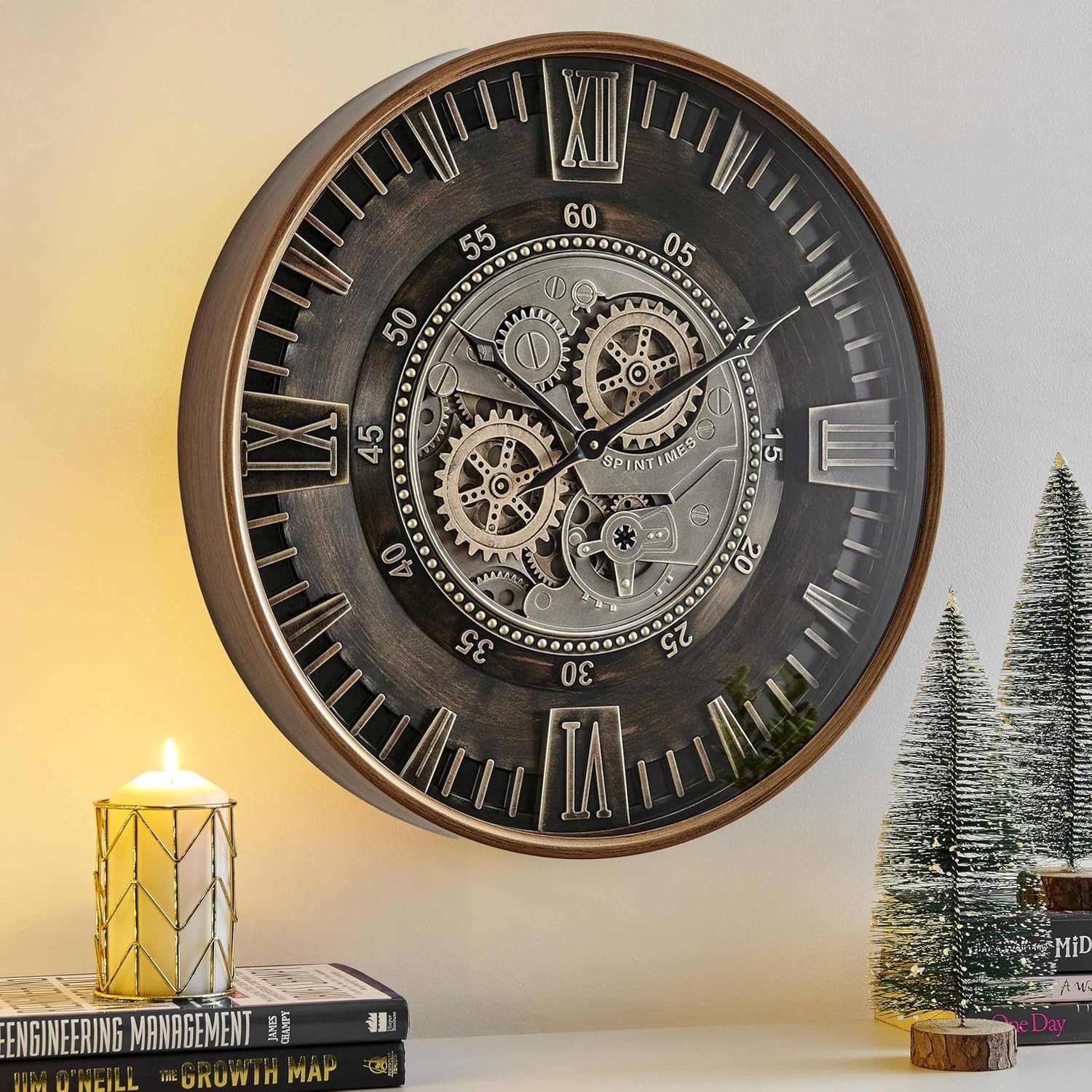 Samilito Wanduhr 60 cm mit beweglichen Zahnrädern und leisem Quarzwerk, Wohnzimmer (Echtes Bewegungsgetriebe, separater Zahnradantrieb, leises Uhrwerk)