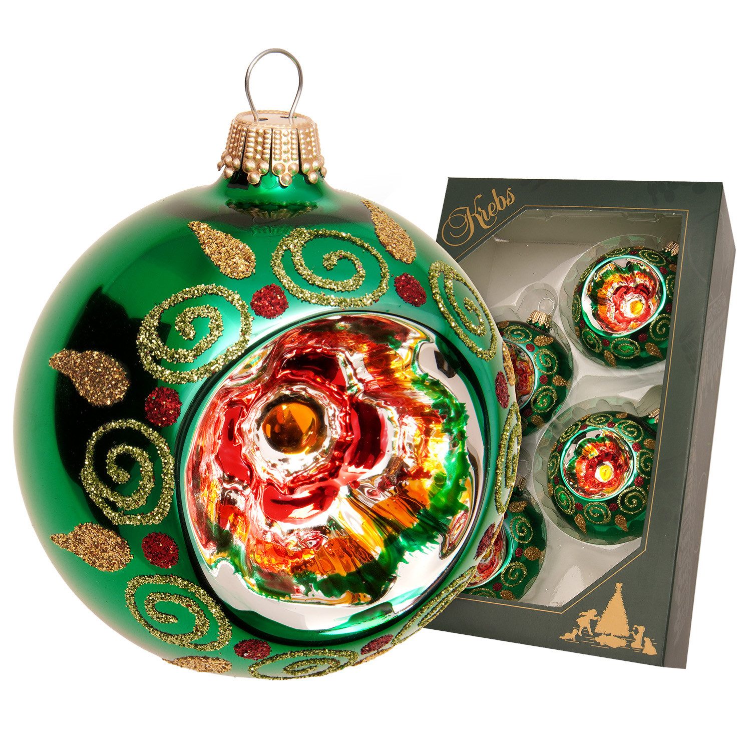Krebs Glas Lauscha Weihnachtsbaumkugel Weihnachtskugeln Reflex Eva Wirbeldekor Grün 7cm (4 St), Glas
