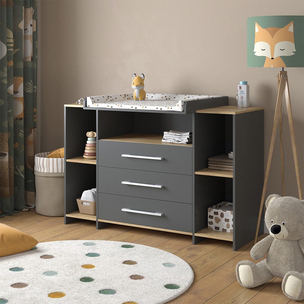 Vicco Wickelkommode Oskar, Anthrazit/Goldkraft Eiche, 143.2 x 93 cm mit 3 Schubladen