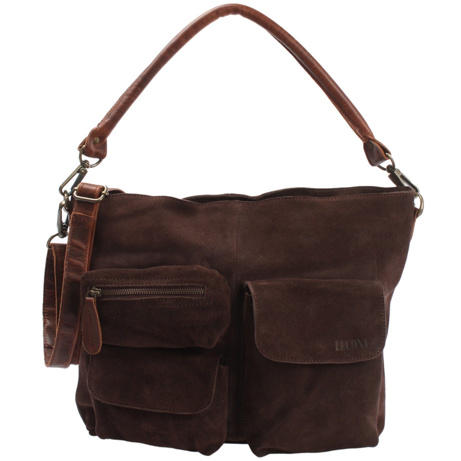 LECONI Schultertasche Handtsche Umhängetasche Damen Ledertasche Veloursleder LE0039, viele Fächer - längenverstellbarer Riemen - 41 × 32 × 10 cm
