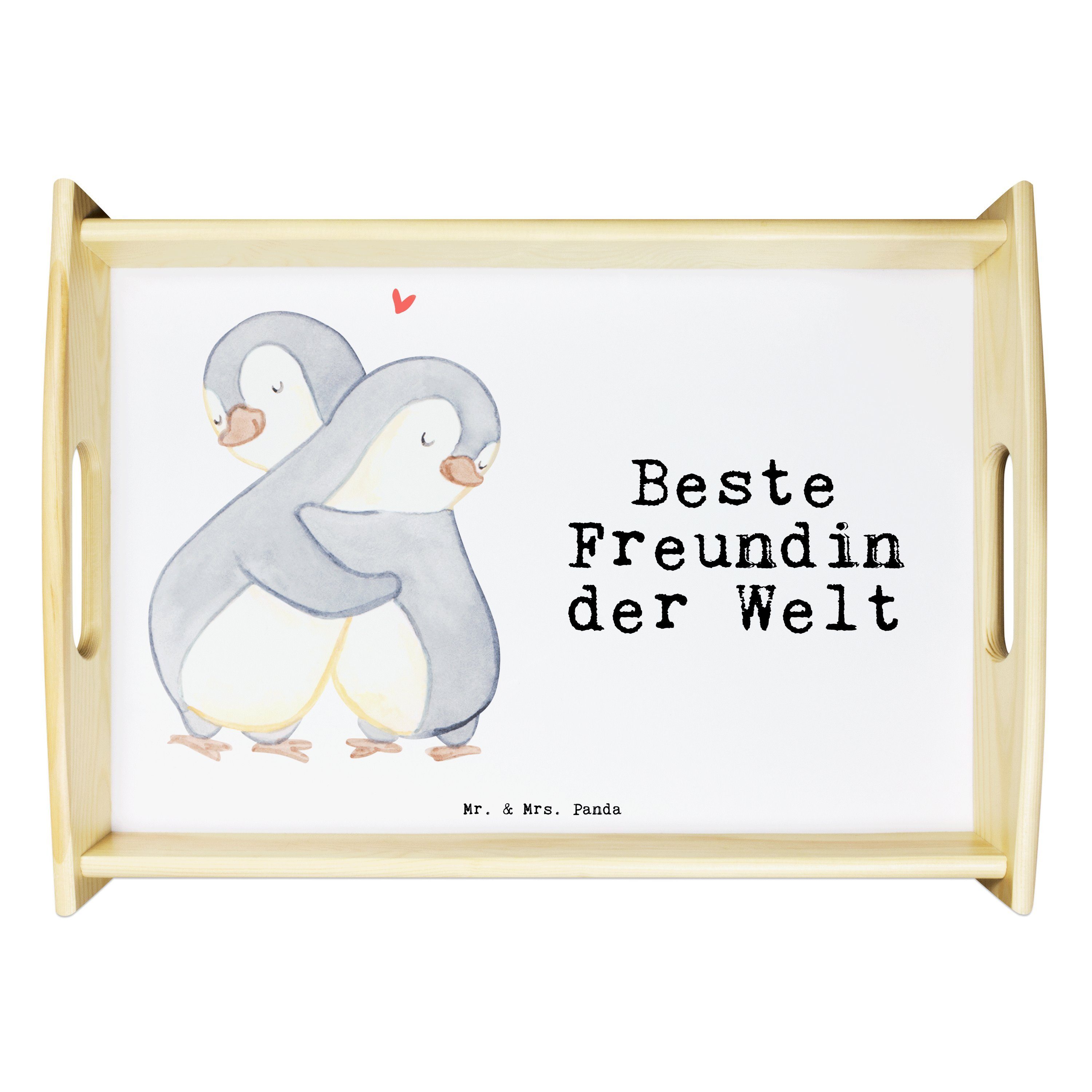 Mr. & Mrs. Panda Tablett Pinguin Beste Freundin der Welt - Weiß - Geschenk, bff, Tablett, Jahr, Echtholz lasiert, (1-tlg)