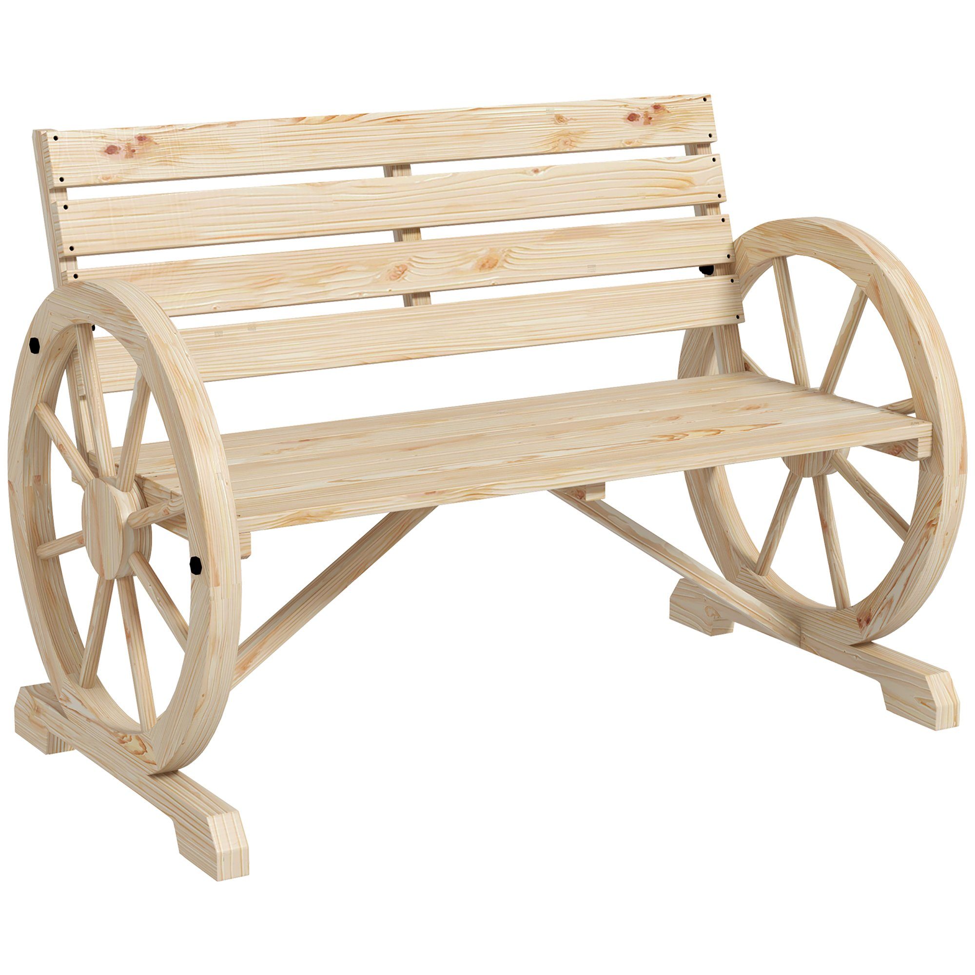 Outsunny Bank Gartenbank 2-Sitzer Parkbank im Wagenrad-Design (Holzbank, 1-St., Sitzbank), bis 240 kg belastbar Tannenholz Naturholz 105,5 x 56 x 79 cm