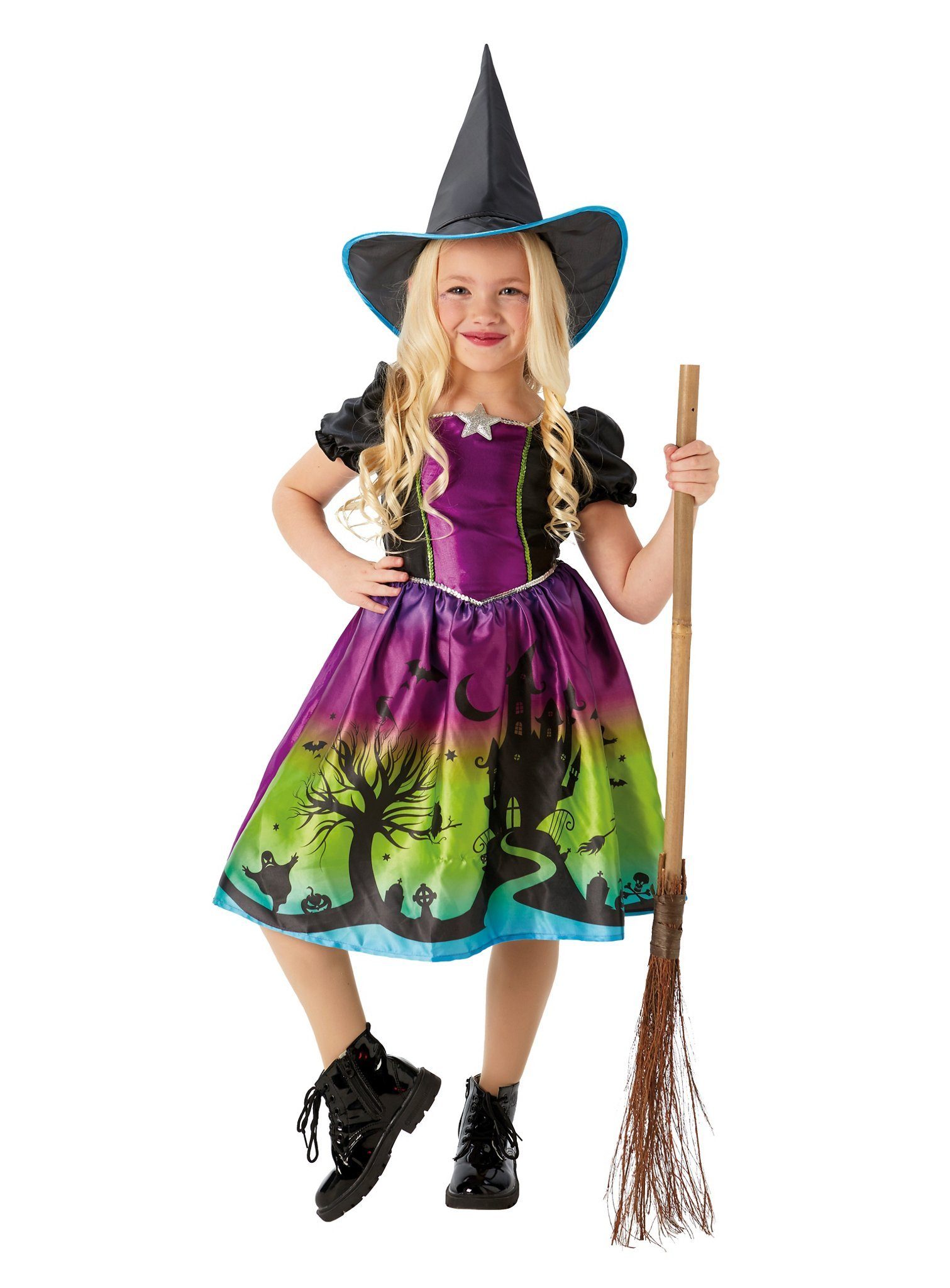 Rubie´s Hexen-Kostüm Hexe - für Halloween Kostüm Kinder Mädchen, Süßes Hexenkleid mit schillerndem Farbverlauf und Scherenschnittmust