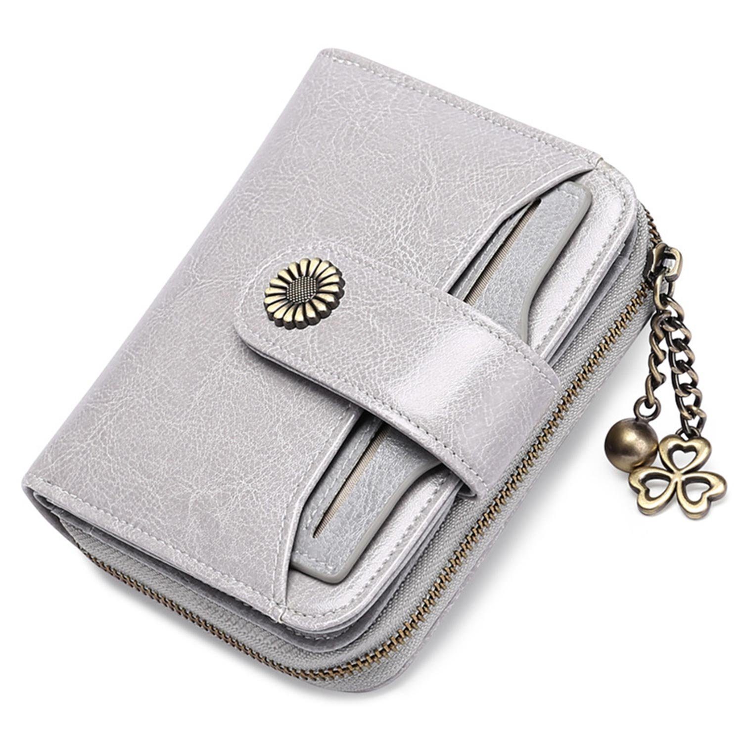 MAGICSHE Brieftasche Echtes Leder Damen Geldbörse, kleine Reißverschluss Geldbörse, Clip mit Münzfach und RFID Schild hellgrau