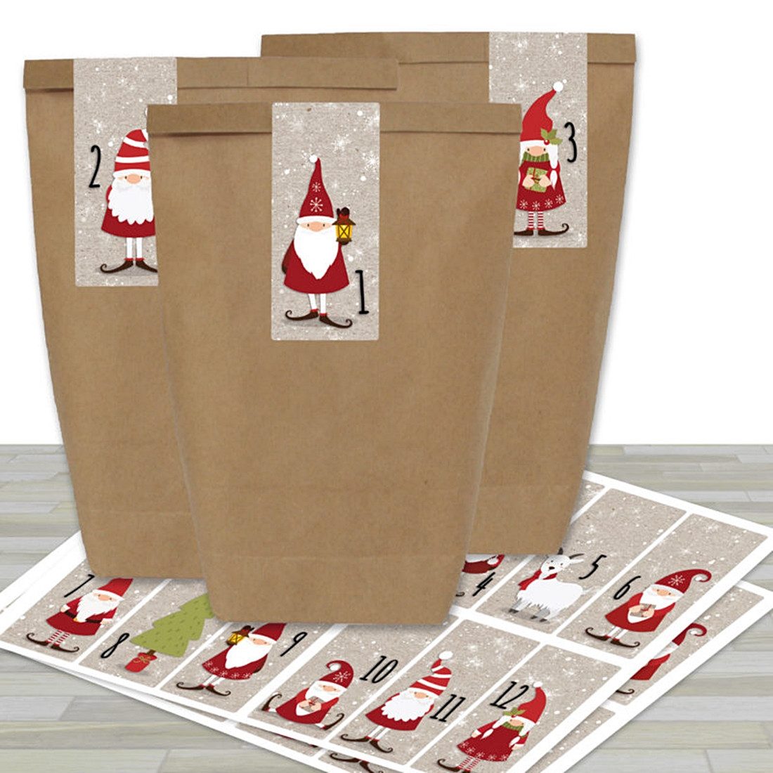 PAPIERDRACHEN befüllbarer Adventskalender WICHTEL ~ SANTA mit 24 Kraftpapiertüten und Aufklebern