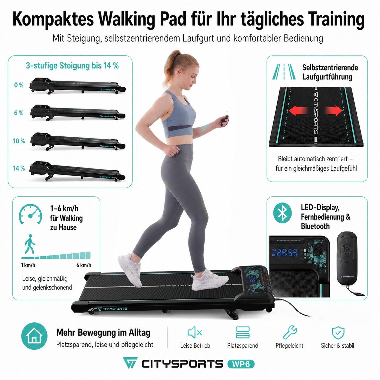 CITYSPORTS Laufband Laufband WP6 Walking Pad, 1–6 km/h, 440 W, 3-stufige Steigung bis 14 % (Mit toolkit,mit Schmiermittel), 120 kg, selbstzentrierender Laufgurt, LED-Display, Bluetooth