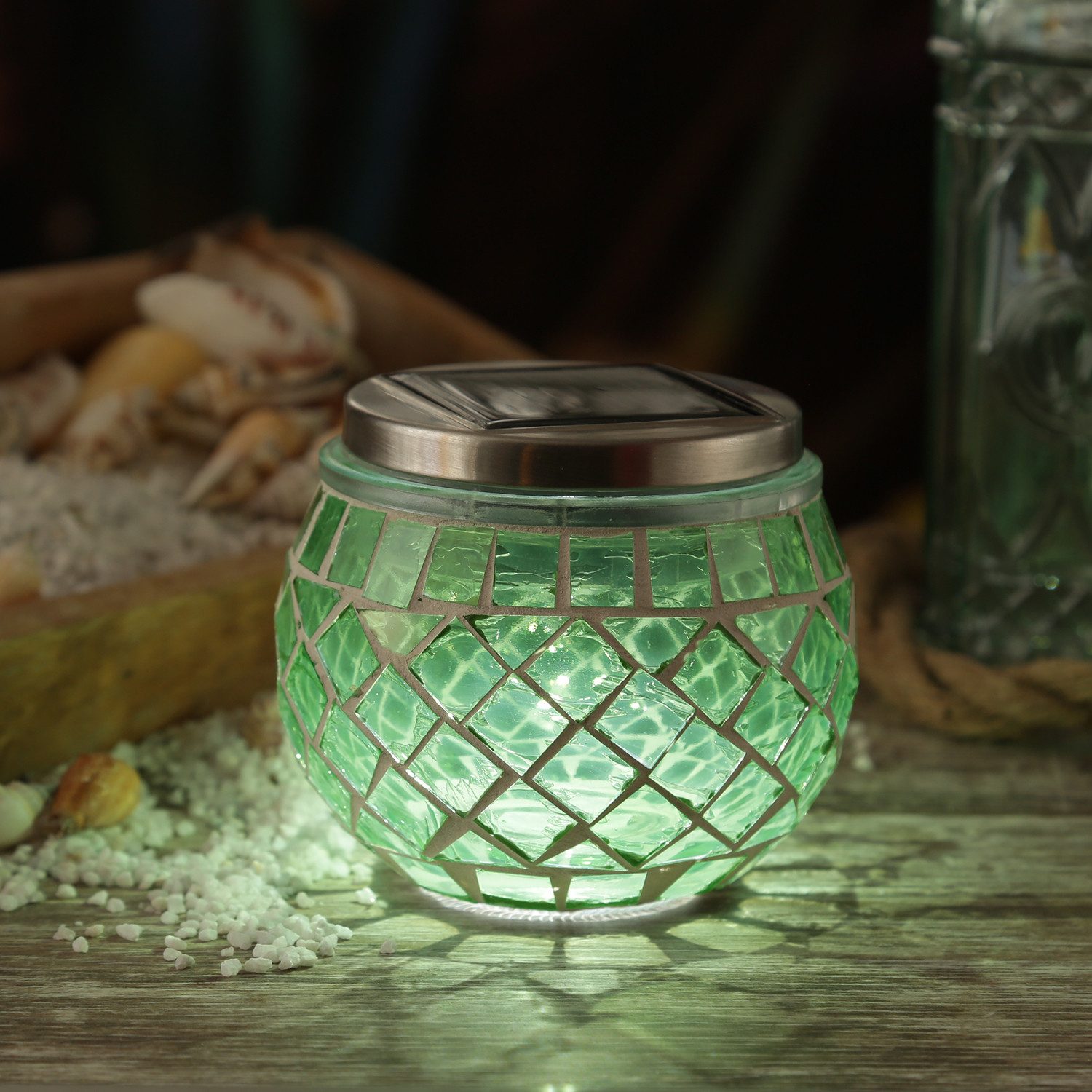 MARELIDA LED Solarleuchte Solar Windlicht Mosaik Glas Solarglas Mosaikleuchte für Balkon grün, LED Classic, kaltweiss (5300K bis 6000K)