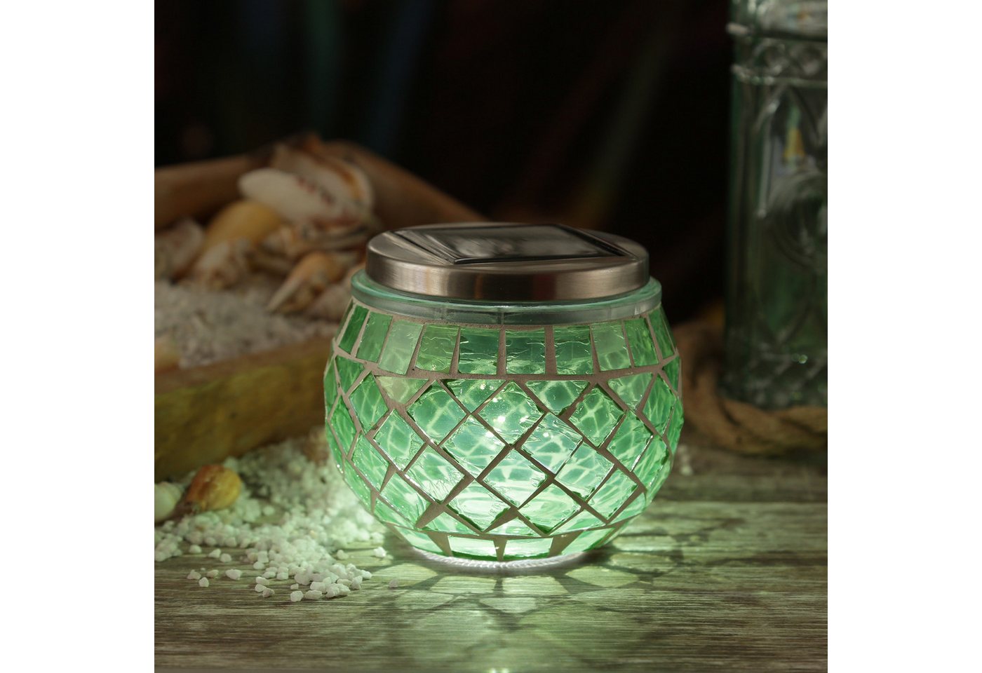MARELIDA LED Solarleuchte Solar Windlicht Mosaik Glas Solarglas Mosaikleuchte für Balkon grün, LED Classic, kaltweiss (5300K bis 6000K)