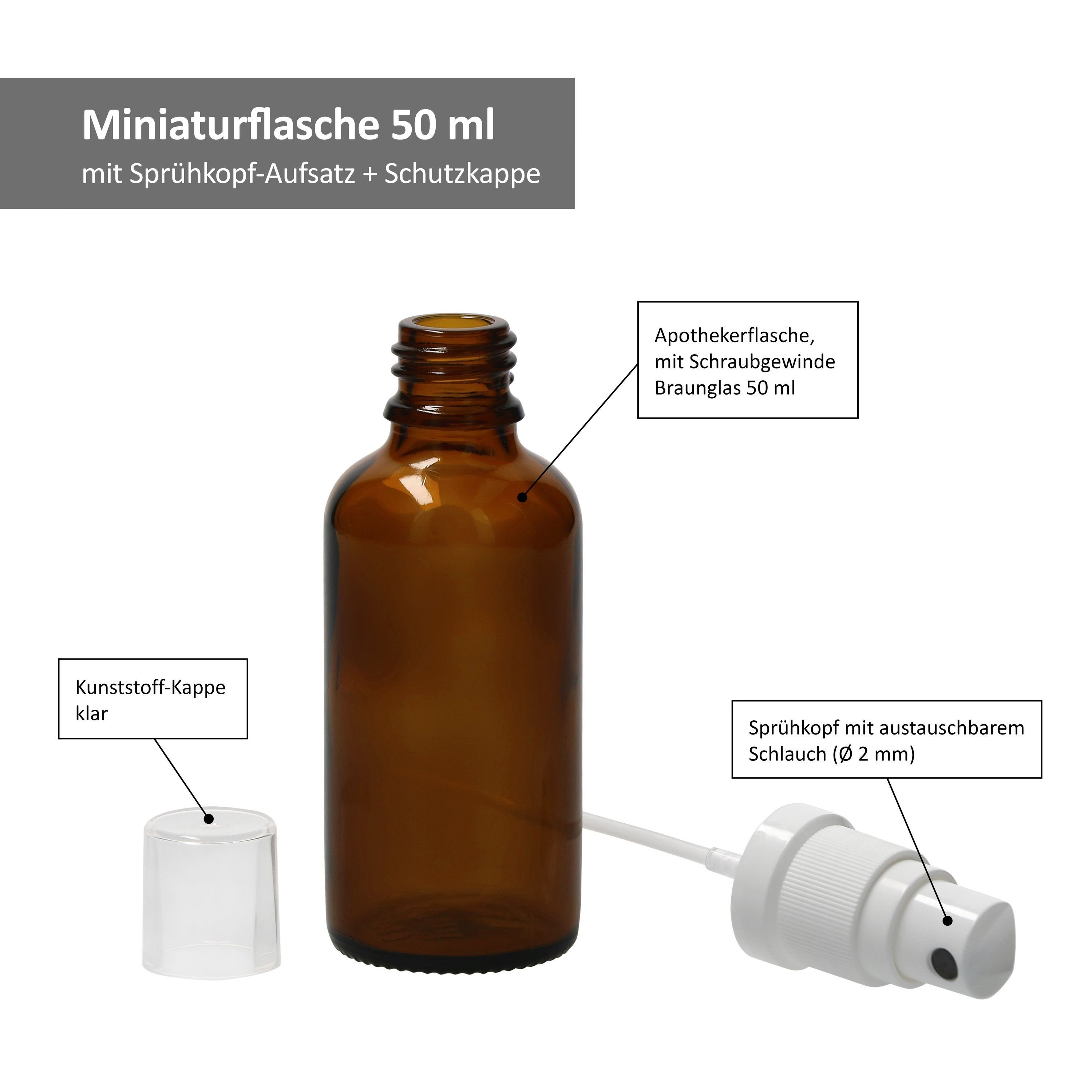MamboCat Vorratsglas 3er Set Apothekerflaschen Glasflasche braun 50ml mit Sprühkopf-Deckel, Glas