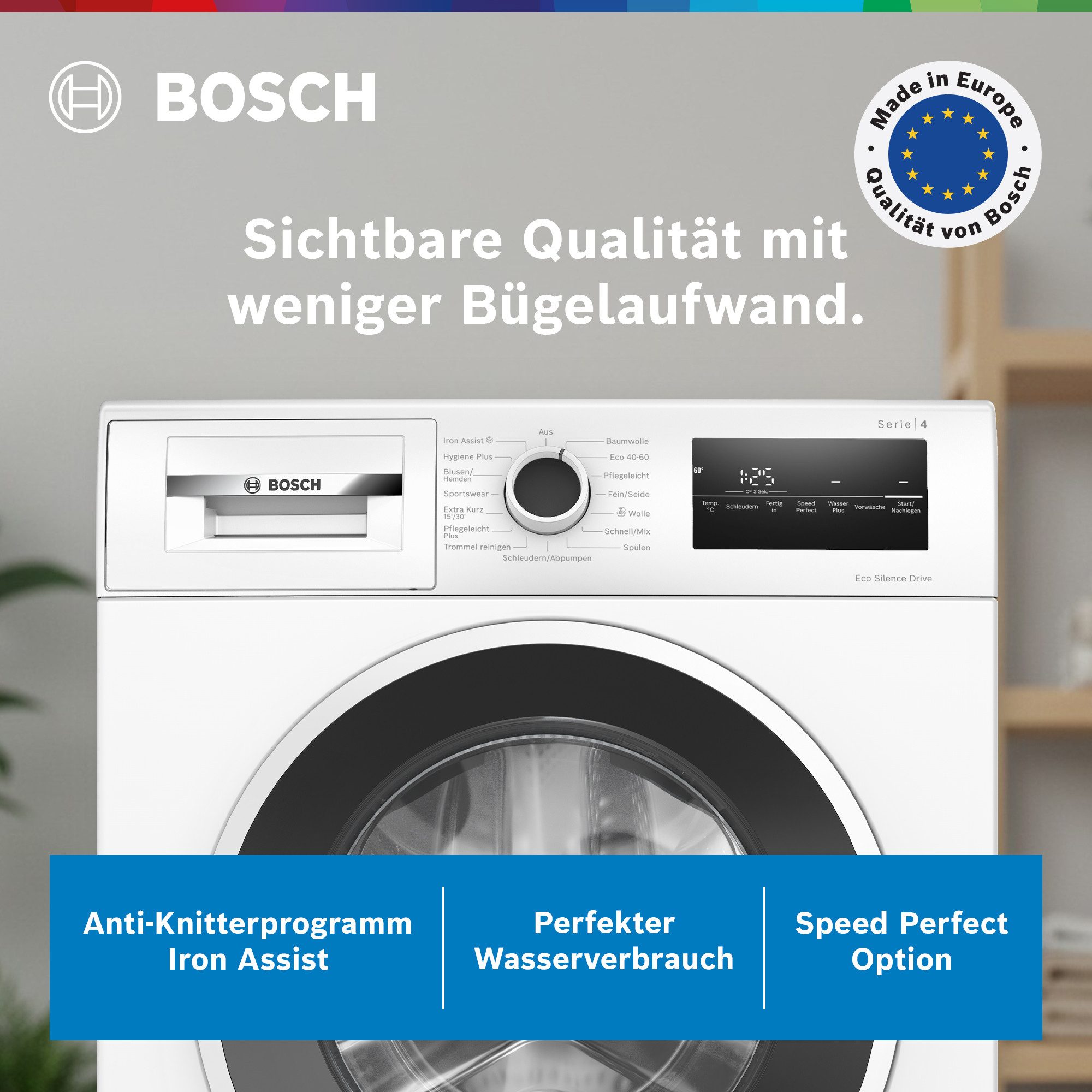 BOSCH Waschmaschine Serie 4 WAN28225, 8 kg, 1400 U/min, Knitter-Programm Iron Assist, Speed Perfect, Nachlegefunktion