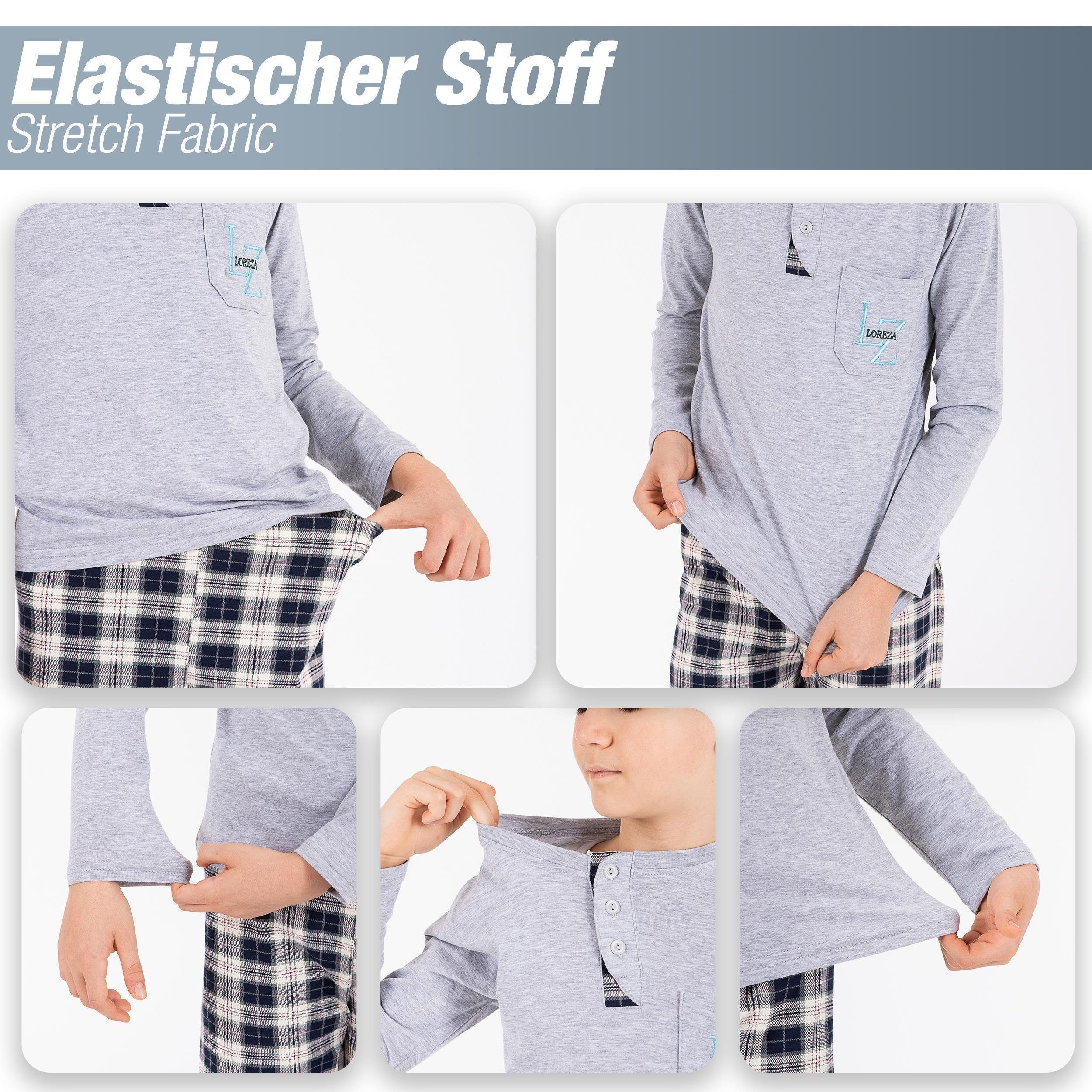 Baumwolle aus Schlafanzug tlg) Pyjama 2 Jungen zweiteiliger kariert Langarm (Set, LOREZA Grau