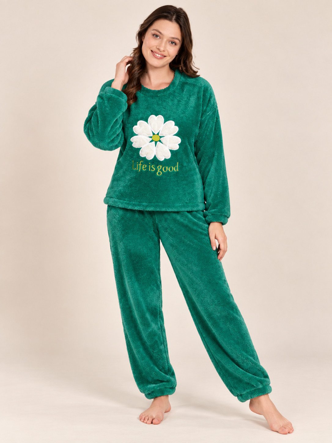 fashionshowcase Hausanzug Damen Winter Pyjama Set Schlafanzug Plüsch Zweiteiler weich