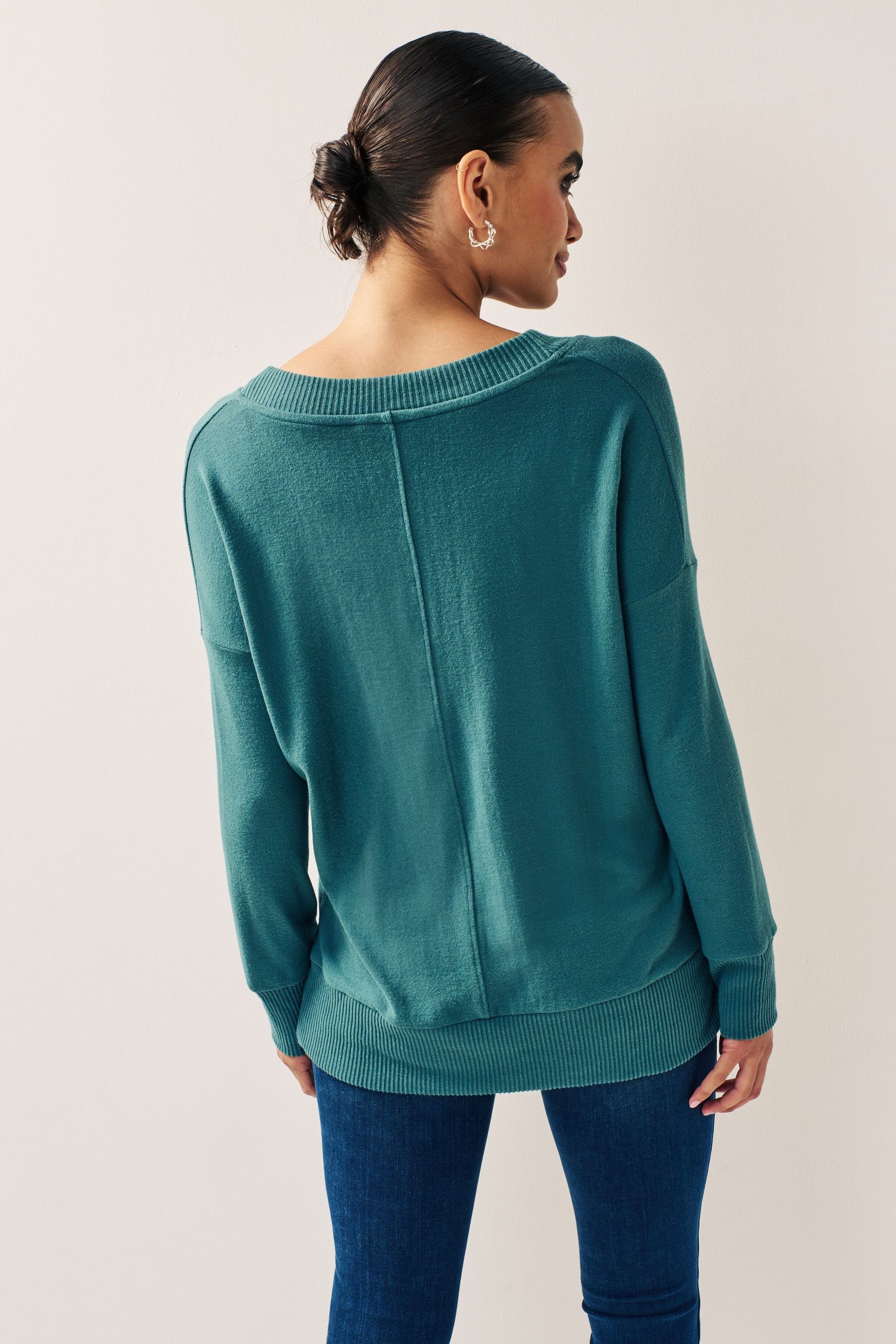 V-Ausschnitt-Pullover Pullover (1-tlg) V-Ausschnitt Teal mit Next Blue Leichter, längerer