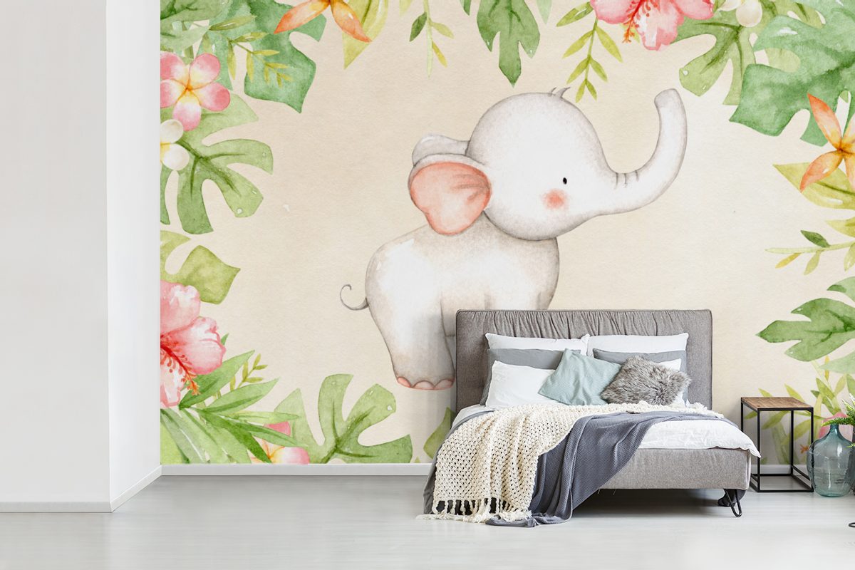 - MuchoWow Wallpaper - - für Blumen Dschungel, Pflanzen St), Schlafzimmer, Kinderzimmer, bedruckt, Matt, Fototapete Elefant Tapete Vinyl Wohnzimmer, (6