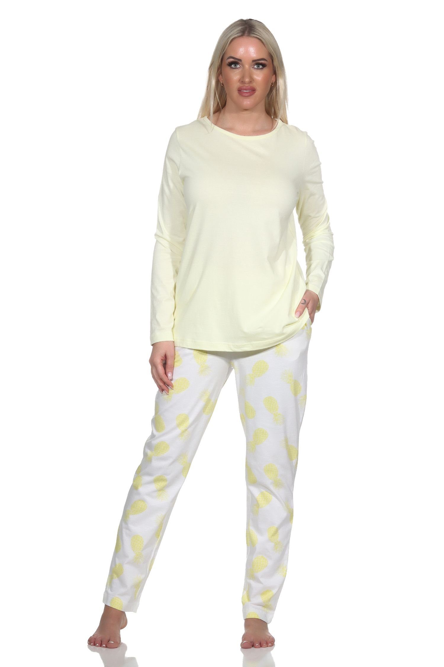 Normann Pyjama Damen Langarm mit Schlafanzug Homewear Motiv als Ananas gelb