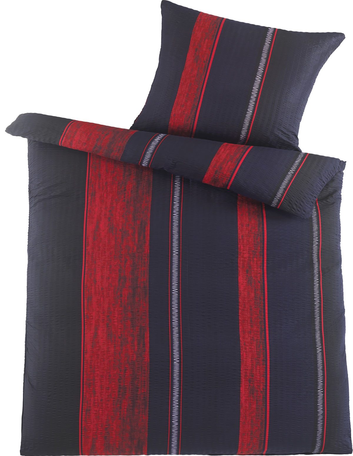 KH-Haushaltshandel Bettwäsche Seersucker Bettwäsche 135x200 +80x80cm, längs gestreift, Seersucker, 2 teilig, rot schwarz, bügelfrei